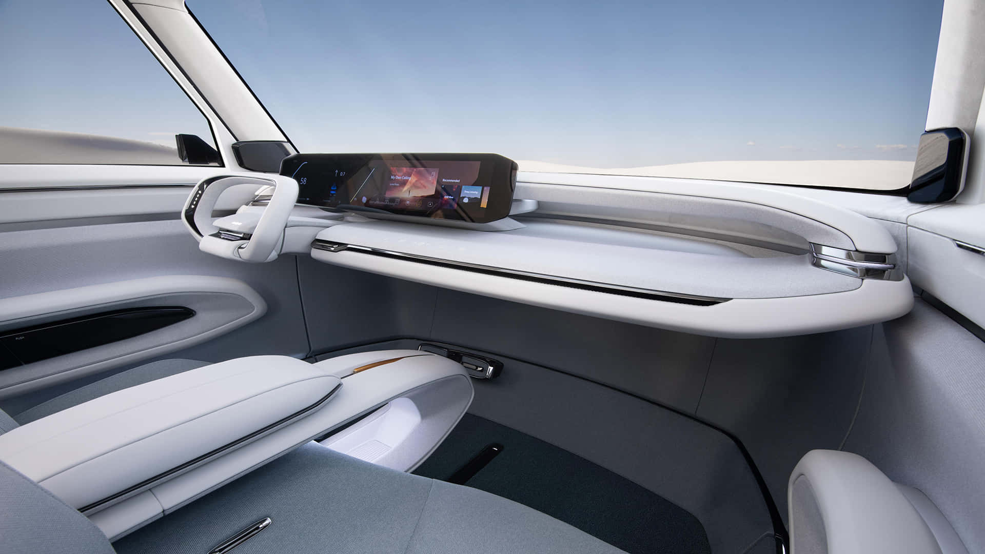 futuristic car interior, minimalist white and gray tones, sleek dashboard, Full HD Desktop Wallpaper