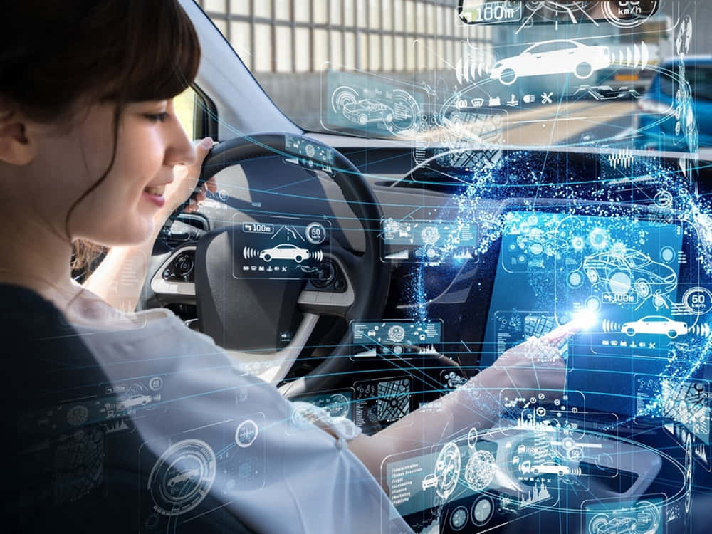 glowing blue holographic car interface elements, futuristic vehicle, woman, SD Desktop Wallpaper