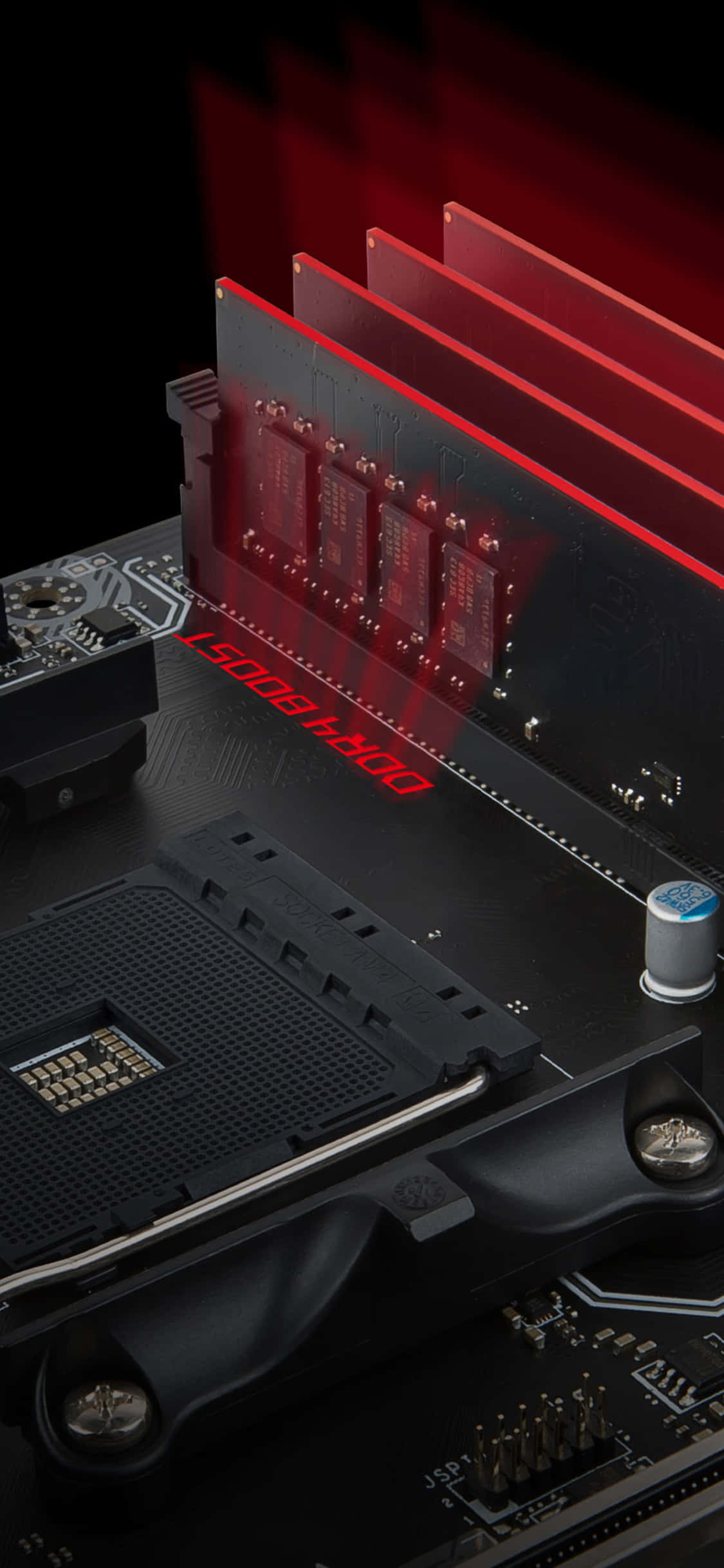 iPhone 11, black motherboard, glowing red DDR4 RAM modules, Full HD Phone Wallpaper
