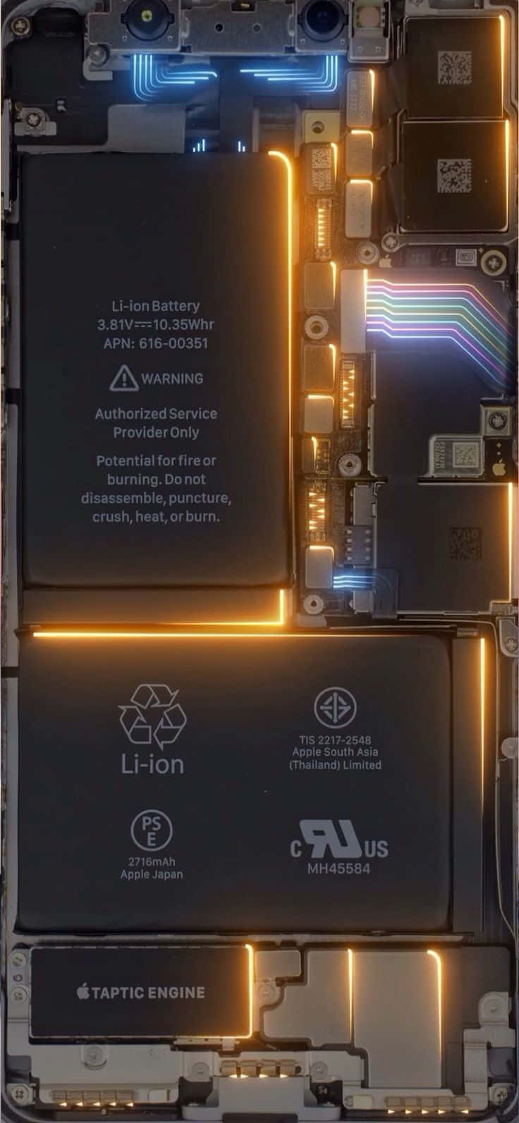 iPhone, glowing orange and blue circuitry, lithium-ion battery, HD Phone Wallpaper