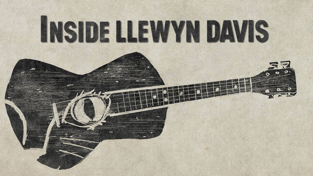 Inside Llewyn Davis, distressed black acoustic guitar, textured beige background, SD Desktop Wallpaper