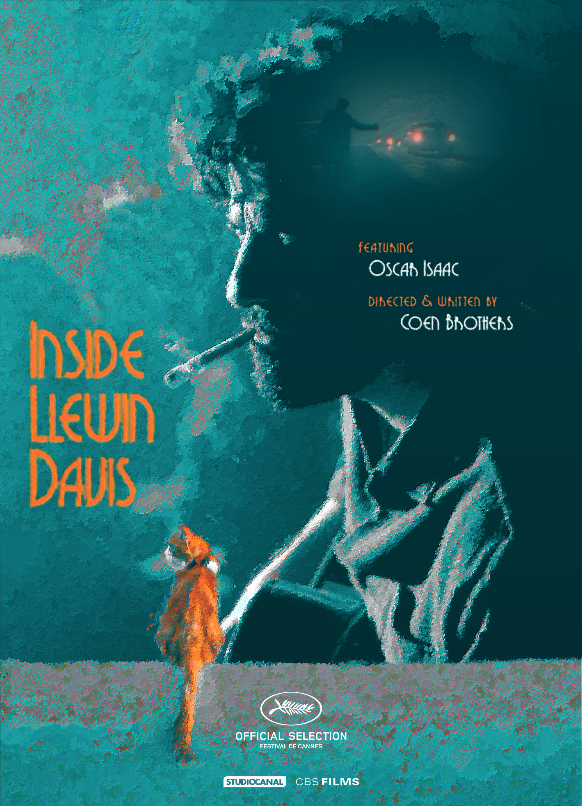 Inside Llewyn Davis, teal textured backdrop, orange cat, 2K Phone Wallpaper
