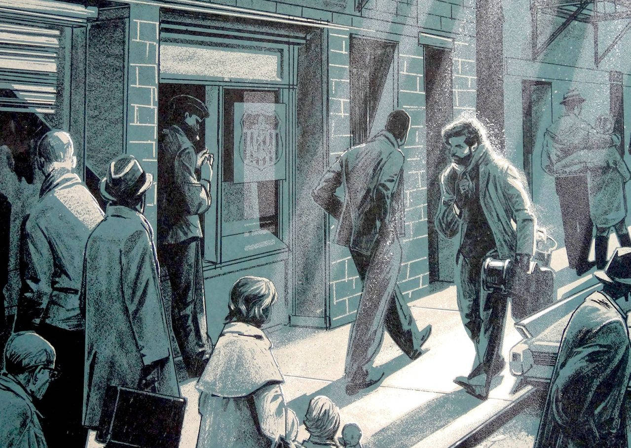 Inside Llewyn Davis, monochrome poster, vintage illustrated street scene, SD Desktop Wallpaper