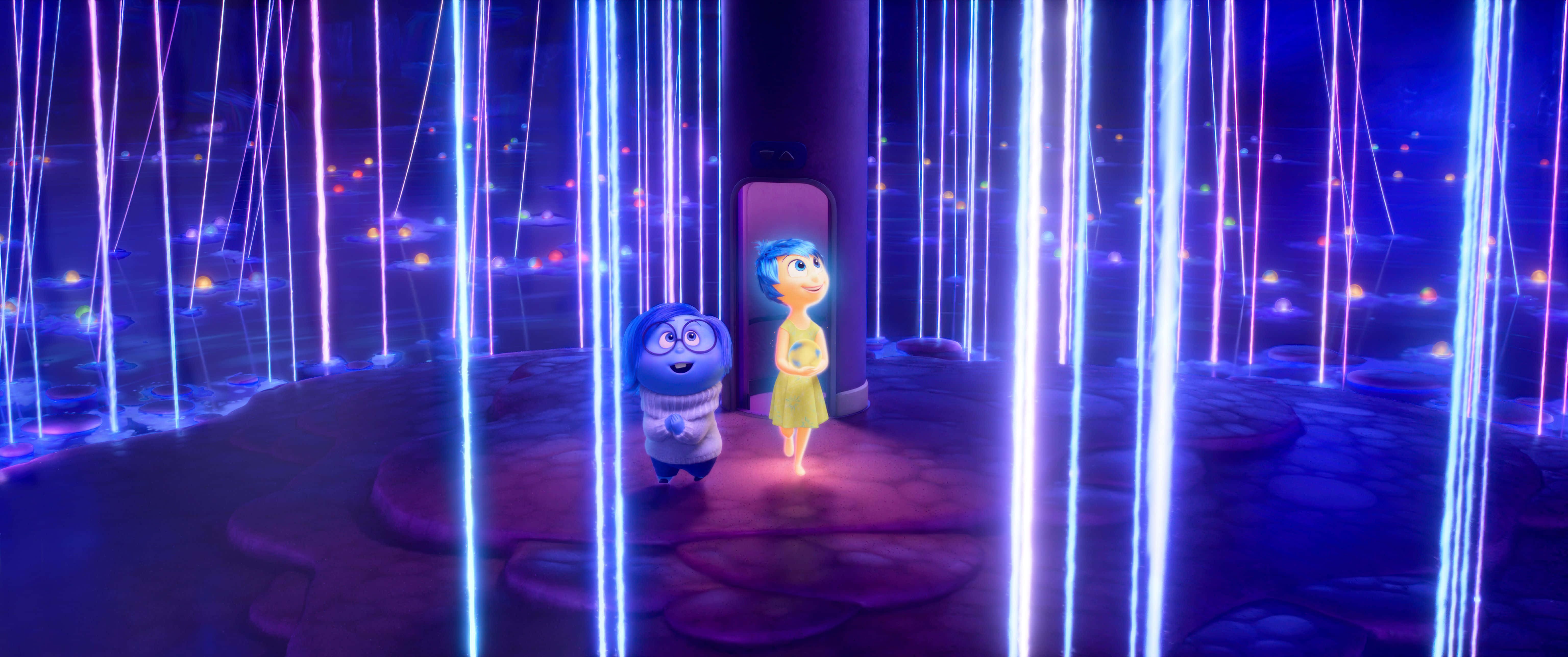 Inside Out, animated characters, glowing blue and purple digital space, 5K Desktop Wallpaper