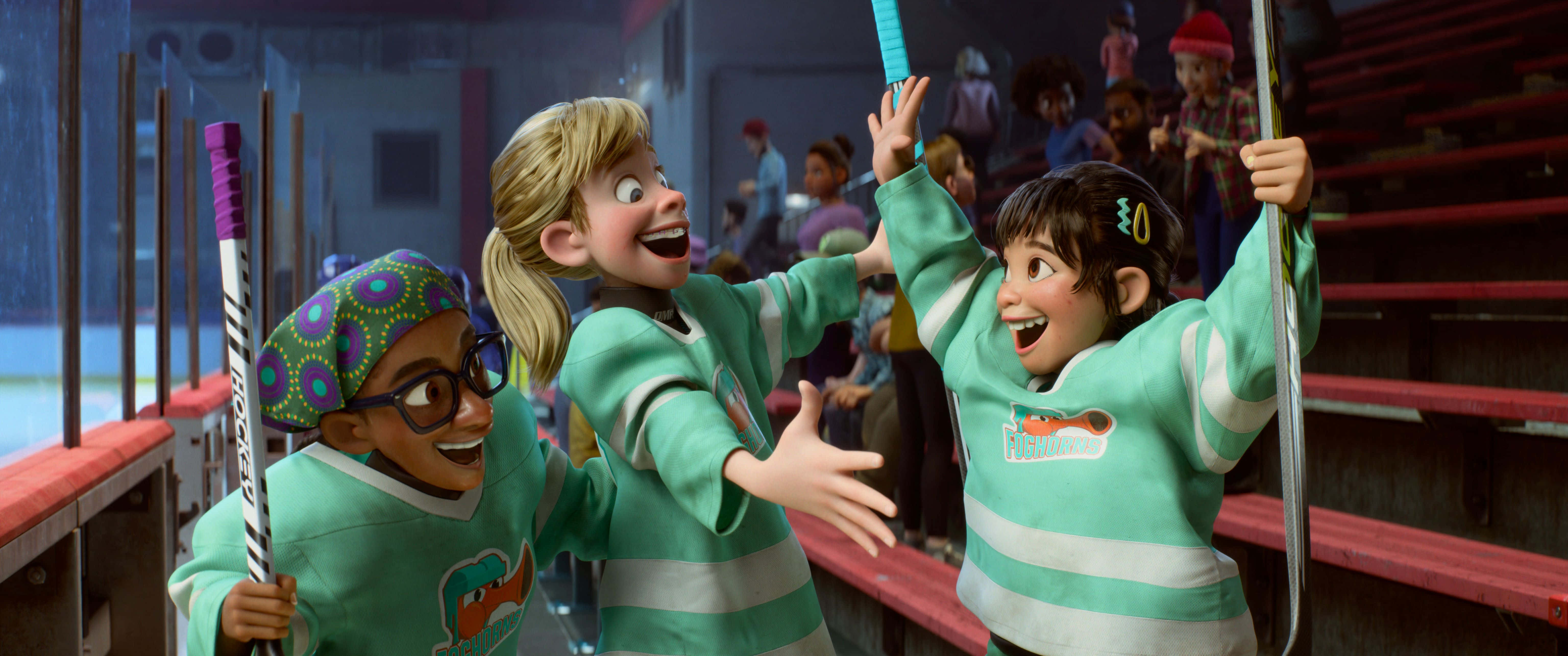 Inside Out 2, teal hockey jerseys, ice rink, 5K Desktop Wallpaper