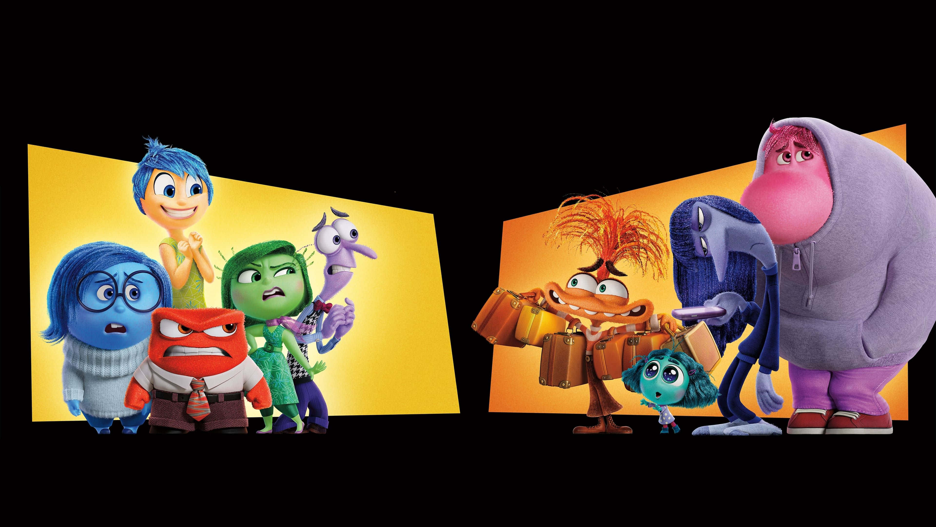 Inside Out, characters, yellow backdrops, 4K Desktop Wallpaper