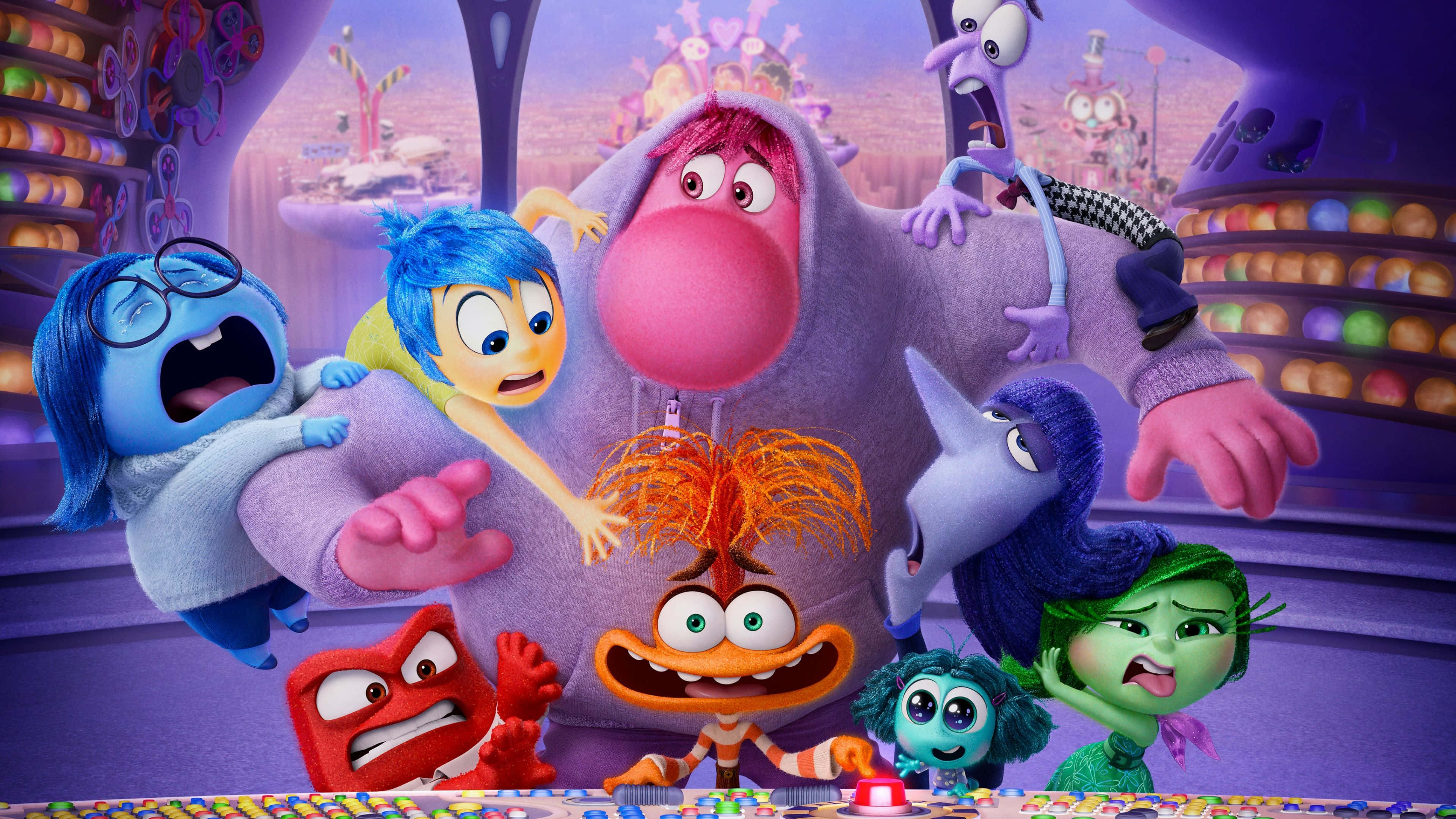 Inside Out, emotion characters, candy-filled control room, 4K Desktop Wallpaper