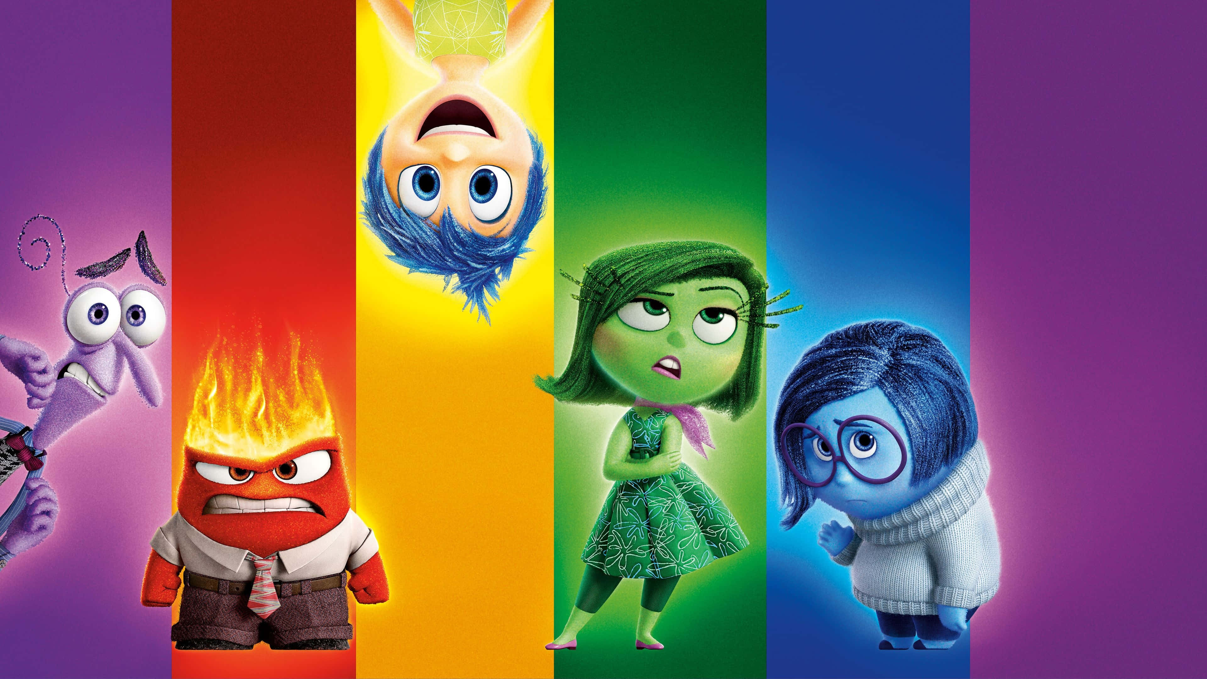 Inside Out Characters, rainbow colored vertical stripes, animated emotion characters, 4K Desktop Wallpaper