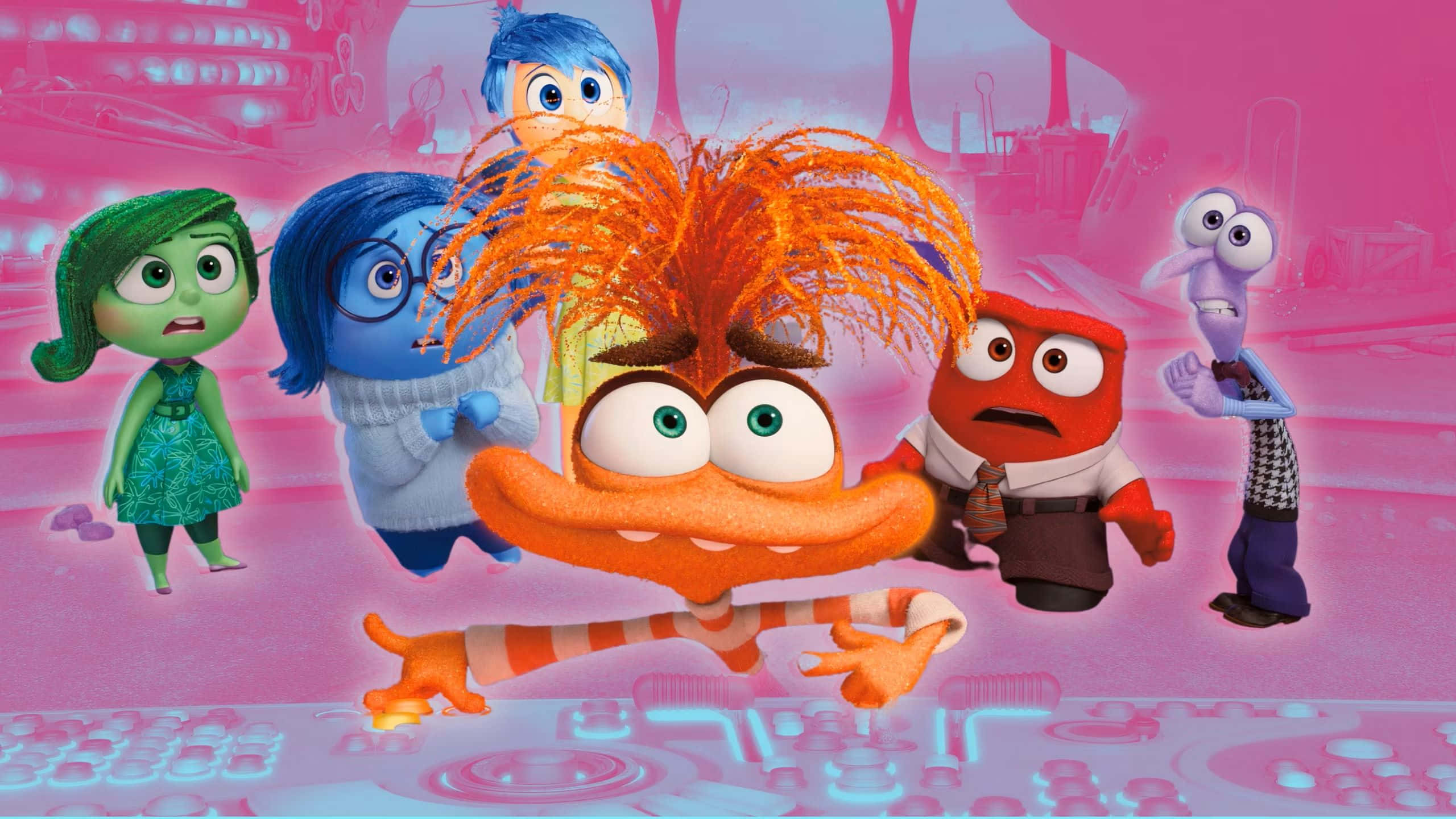 Inside Out, characters group shot, pink glowing circuits, 2K Desktop Wallpaper