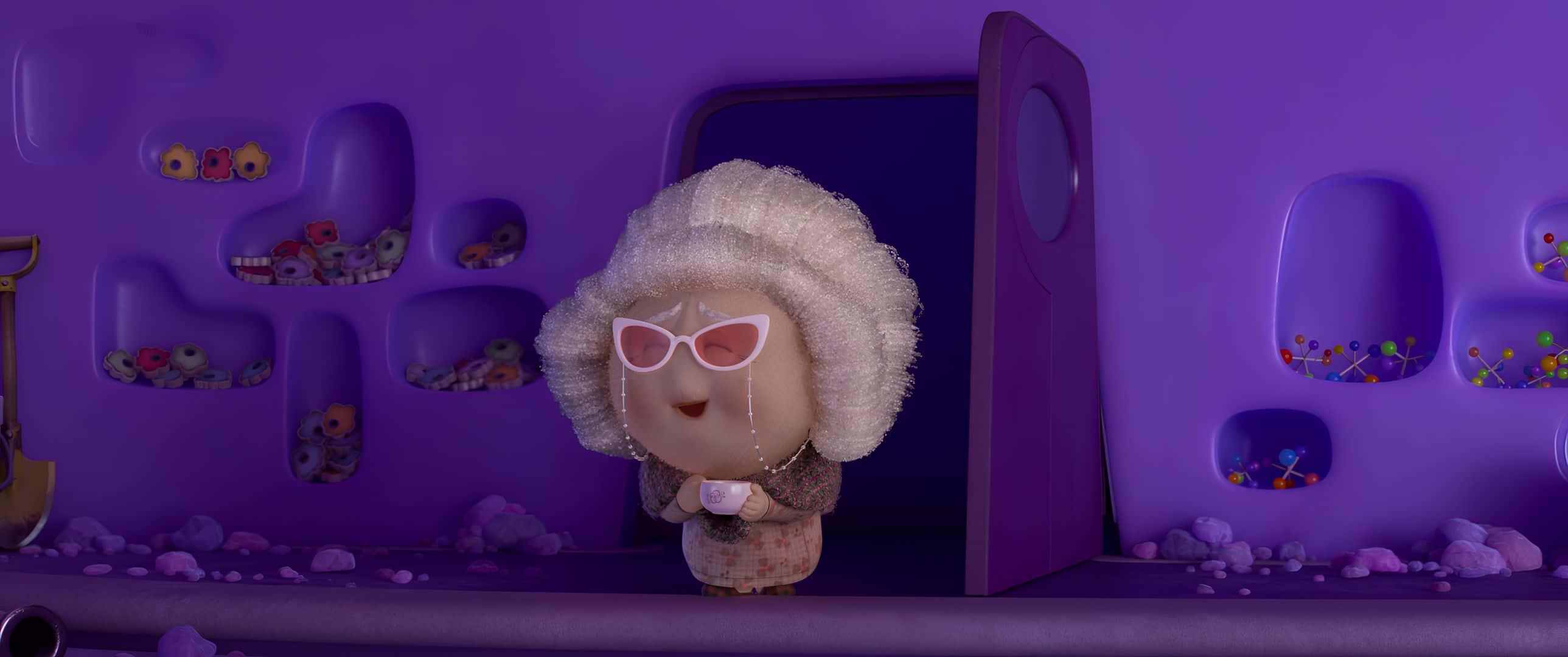 Inside Out 2, purple room, fluffy white-haired animated character, 2K Desktop Wallpaper