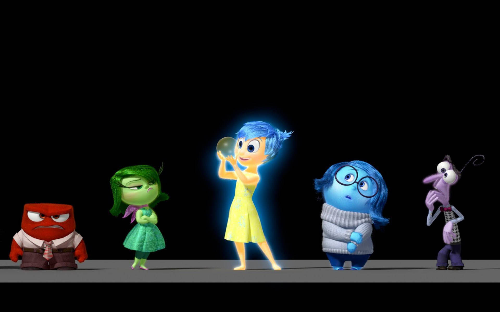 Inside Out, five animated emotion characters, black background, Full HD Desktop Wallpaper