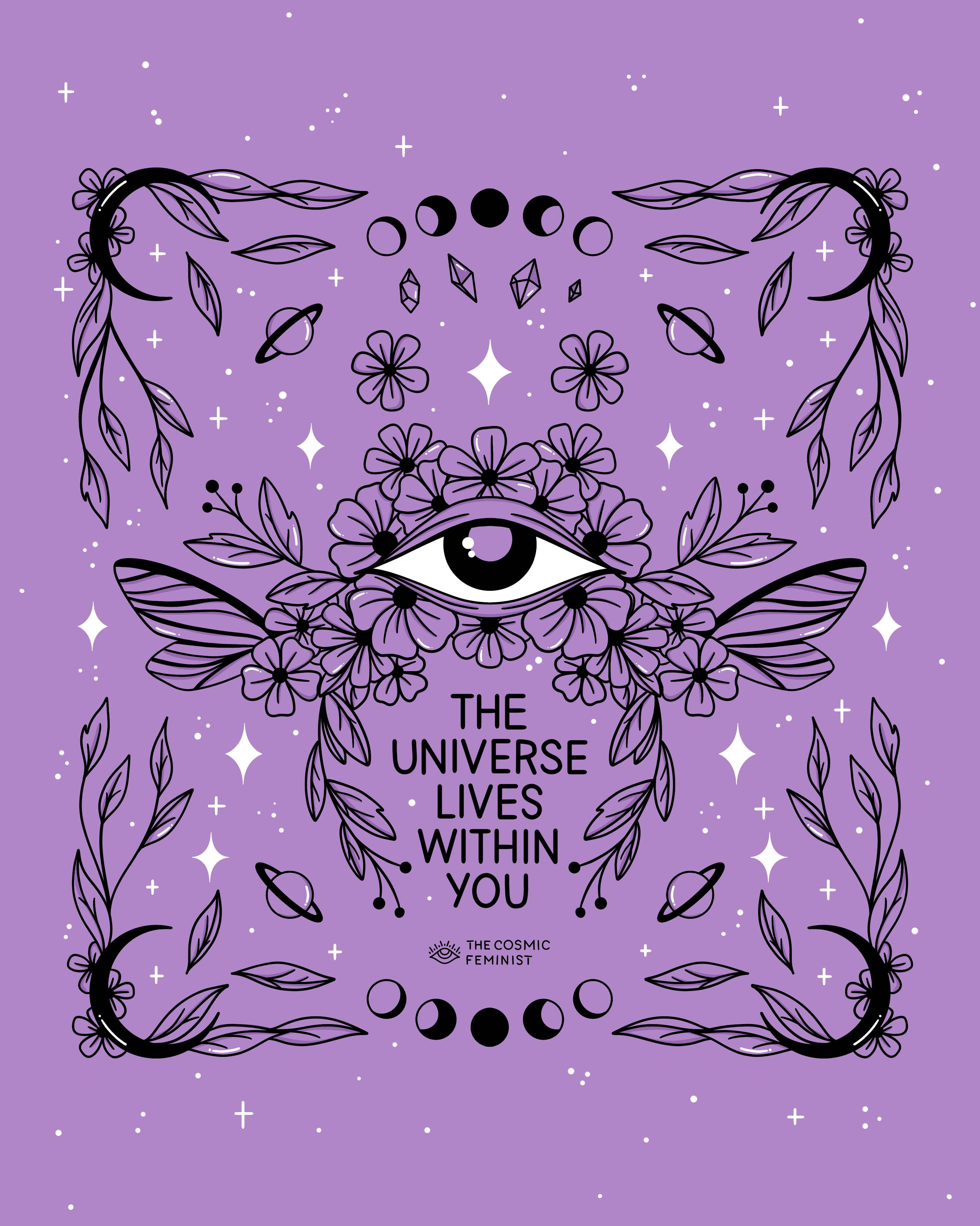 all-seeing eye, mystical purple illustration, flowers, 4K Phone Wallpaper