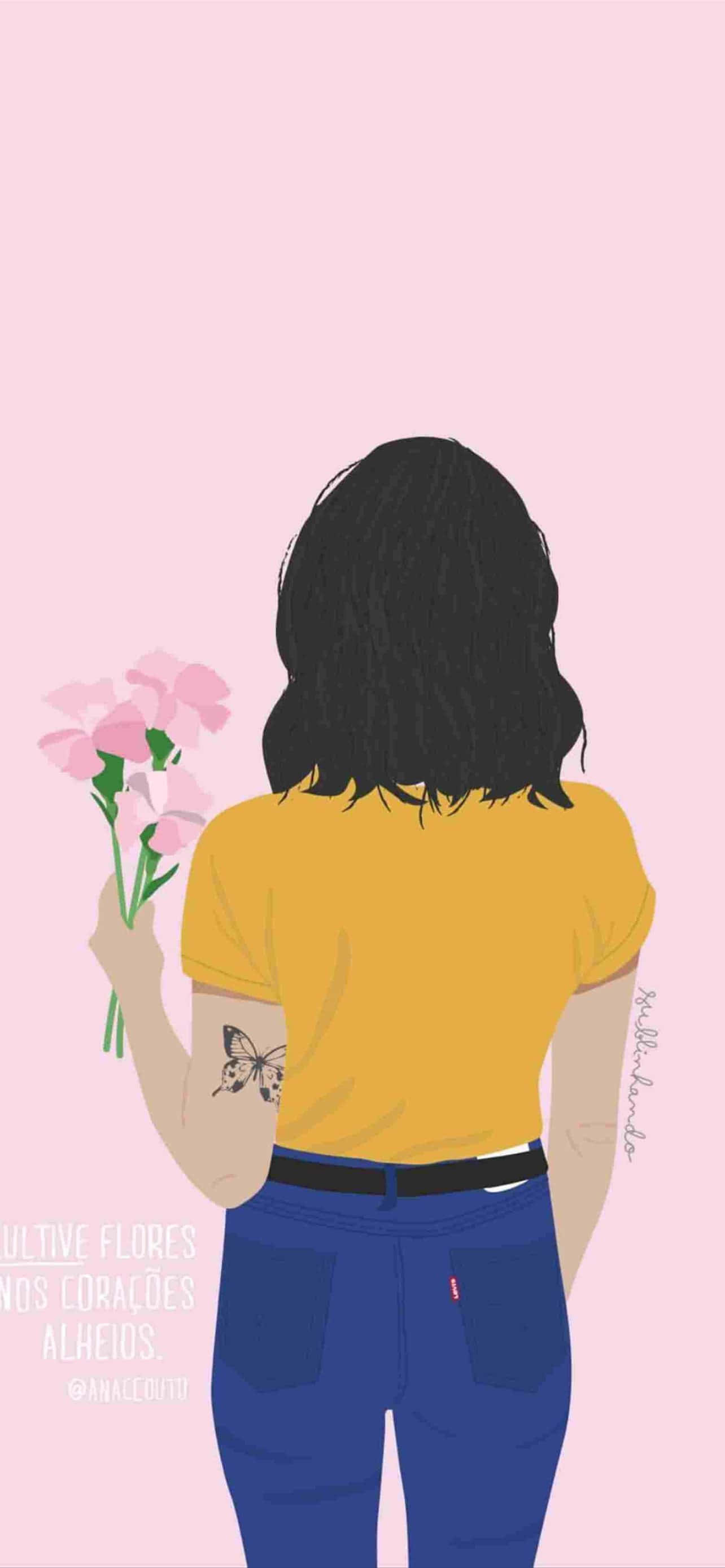black hair, butterfly tattoo, pink flowers, 2K Phone Wallpaper
