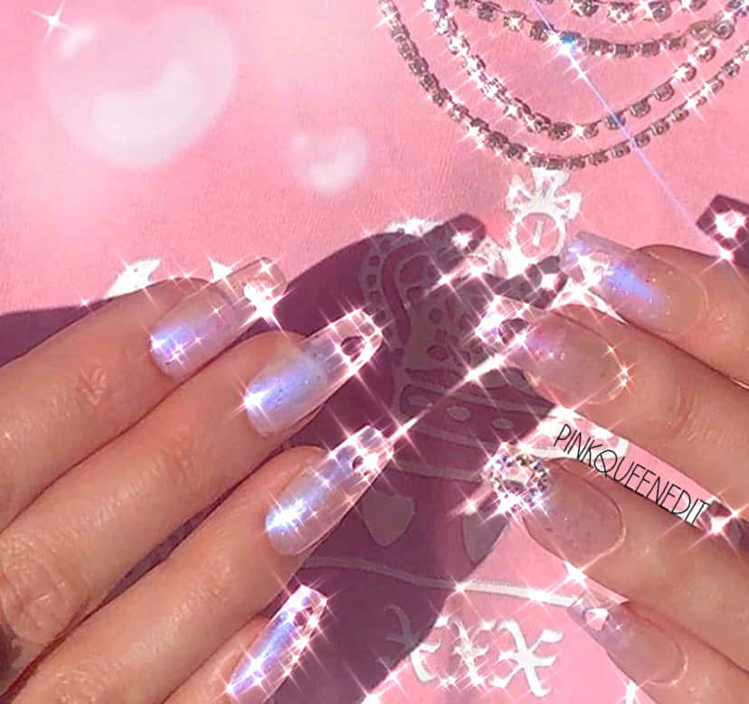 Insta Baddie, glossy iridescent nails, pink background, SD Desktop Wallpaper