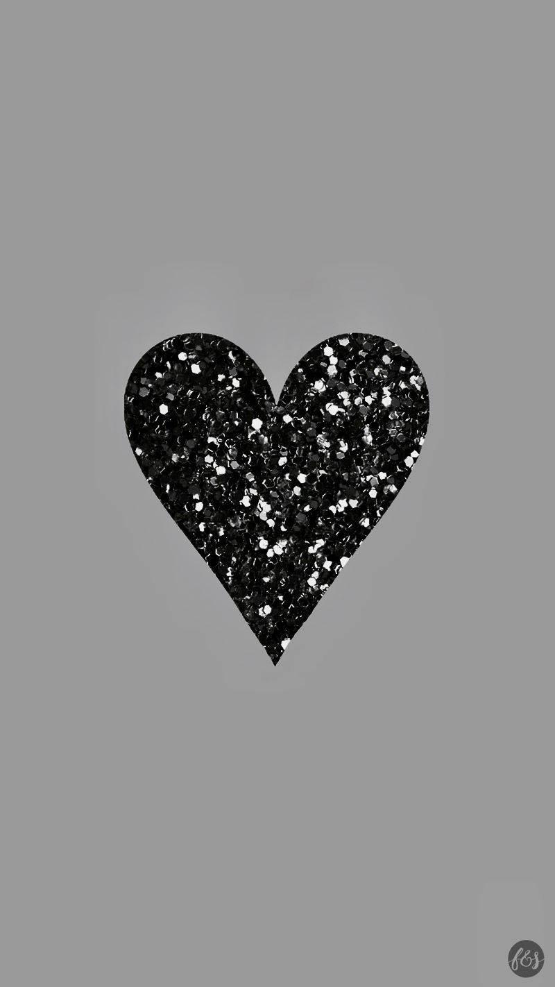 black glitter heart, silver sparkles, plain gray background, HD Phone Wallpaper