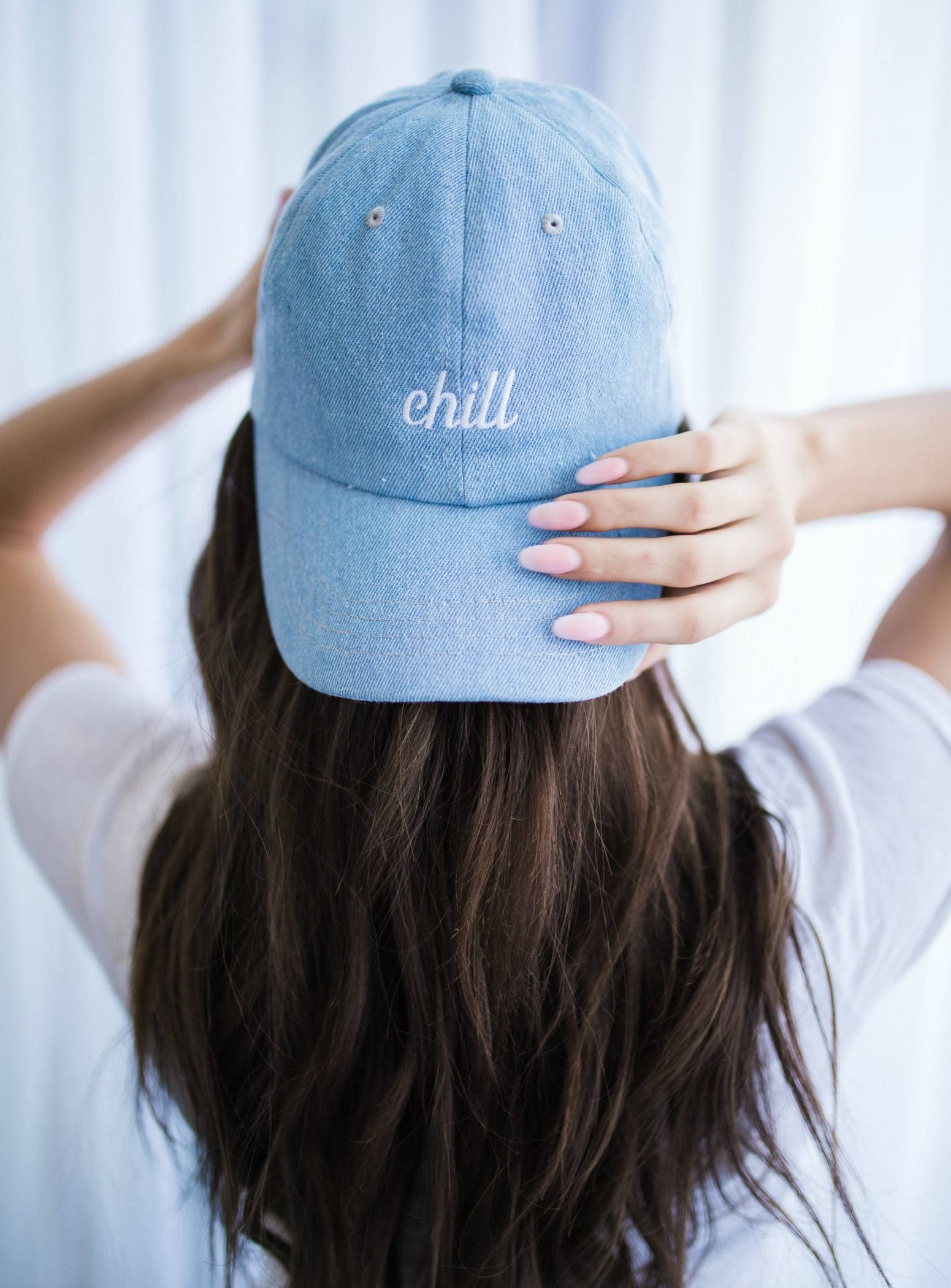 Chill Blue Cap, light blue denim cap, white embroidery, Full HD Phone Wallpaper