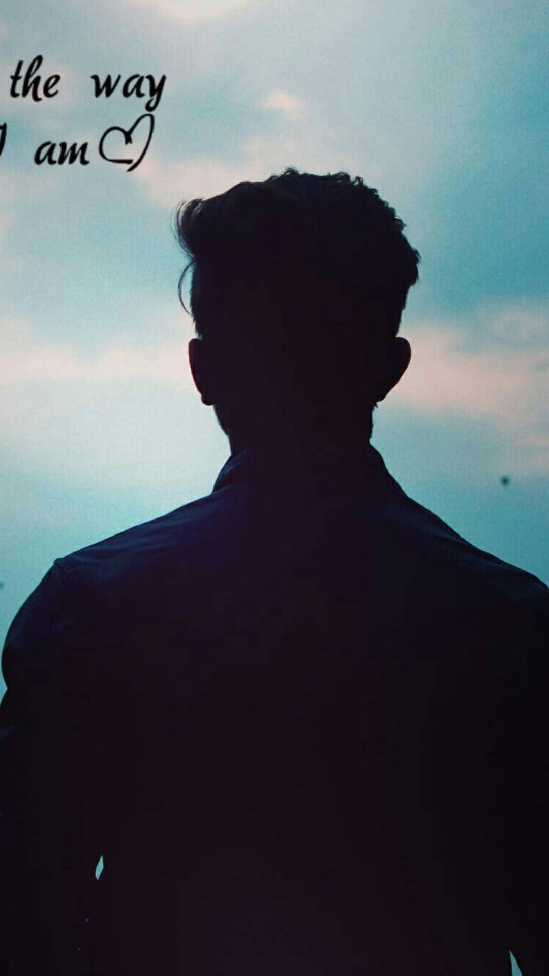 man silhouette, soft blue sky, handwritten text, Full HD Phone Wallpaper