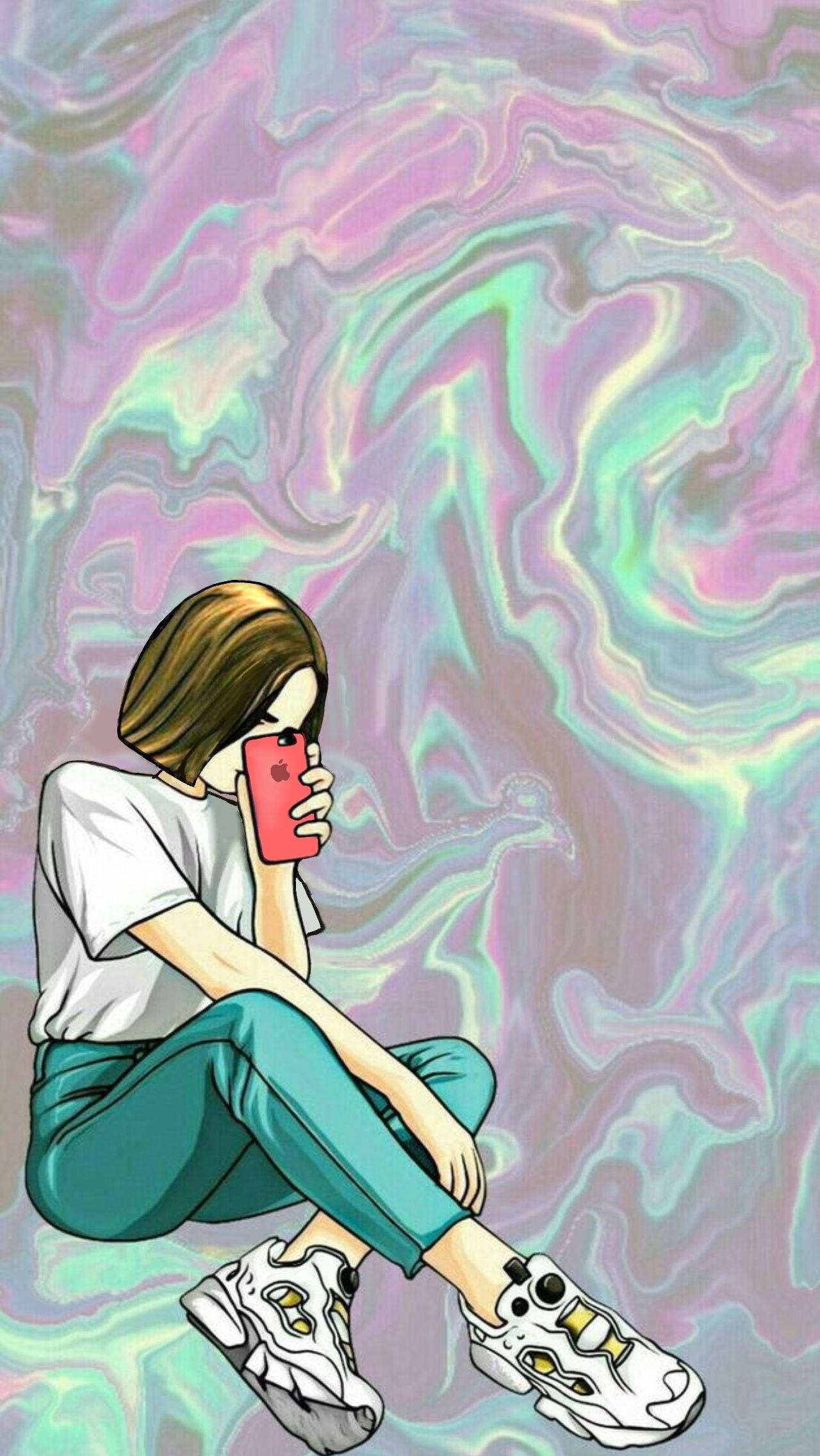 woman, white tee, teal pants, Full HD Phone Wallpaper