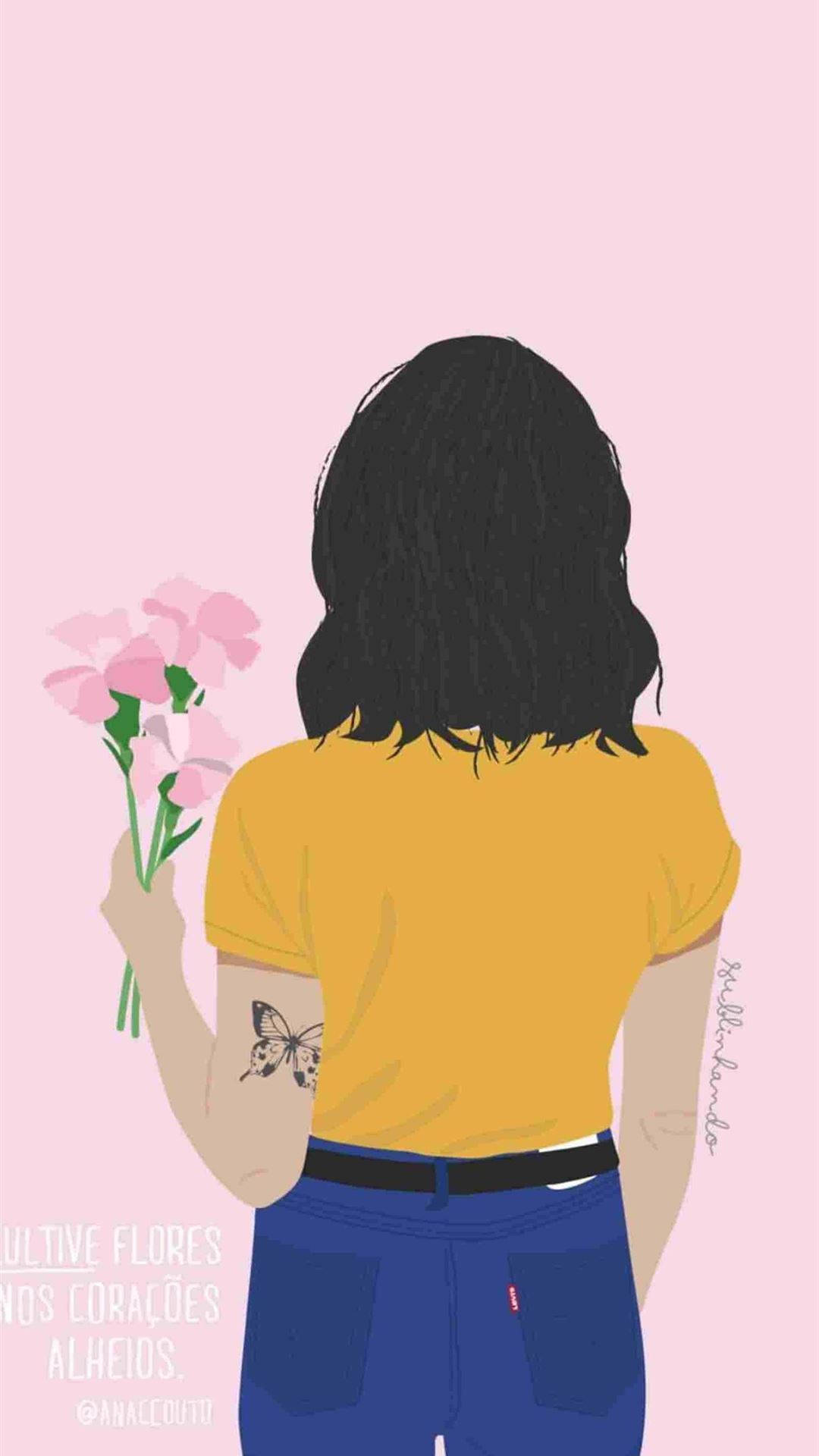 Girl With Flower, butterfly tattoo, pink flowers, Full HD Phone Wallpaper