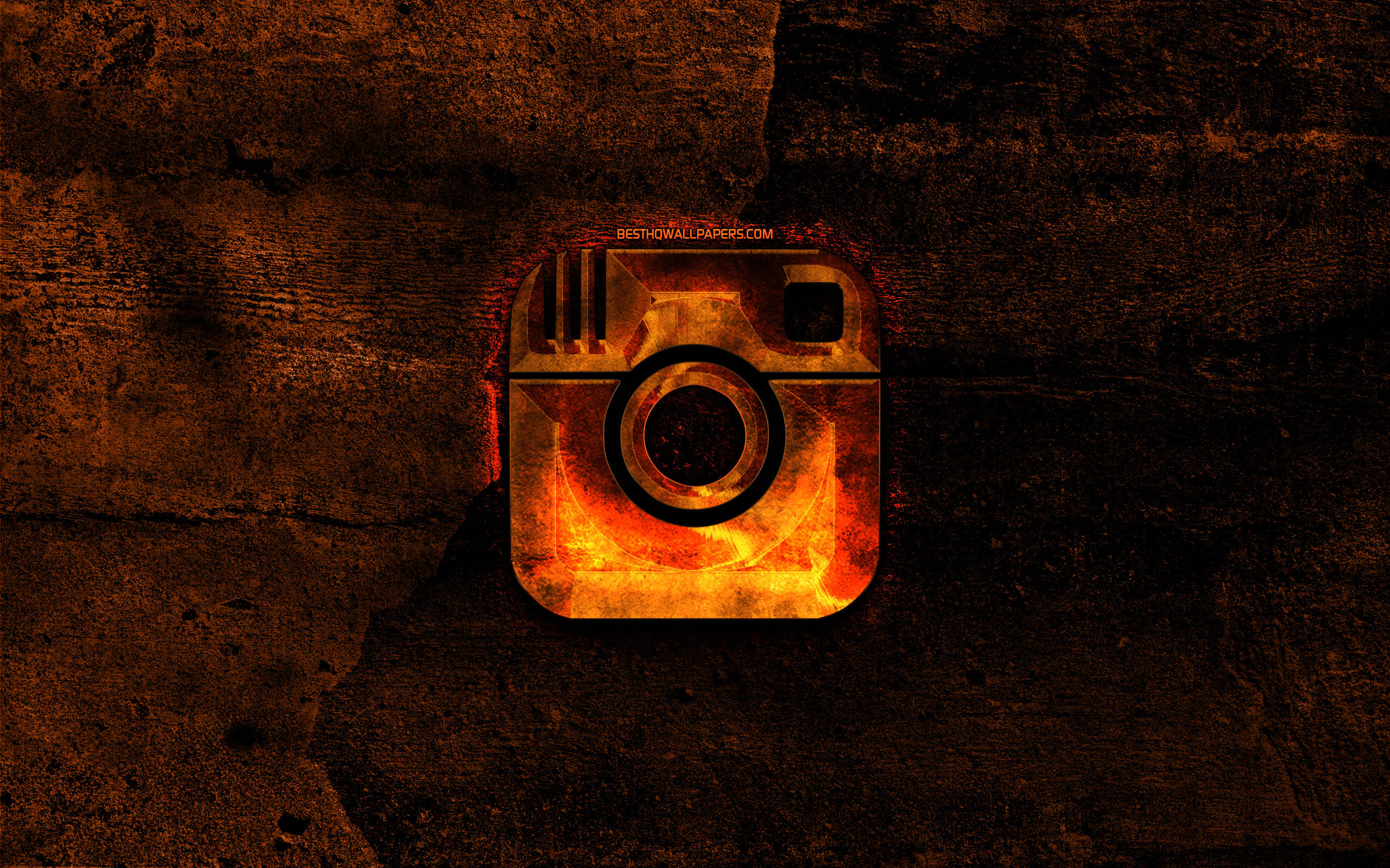 Instagram logo, glowing orange, rough dark brown concrete wall, 2K Desktop Wallpaper