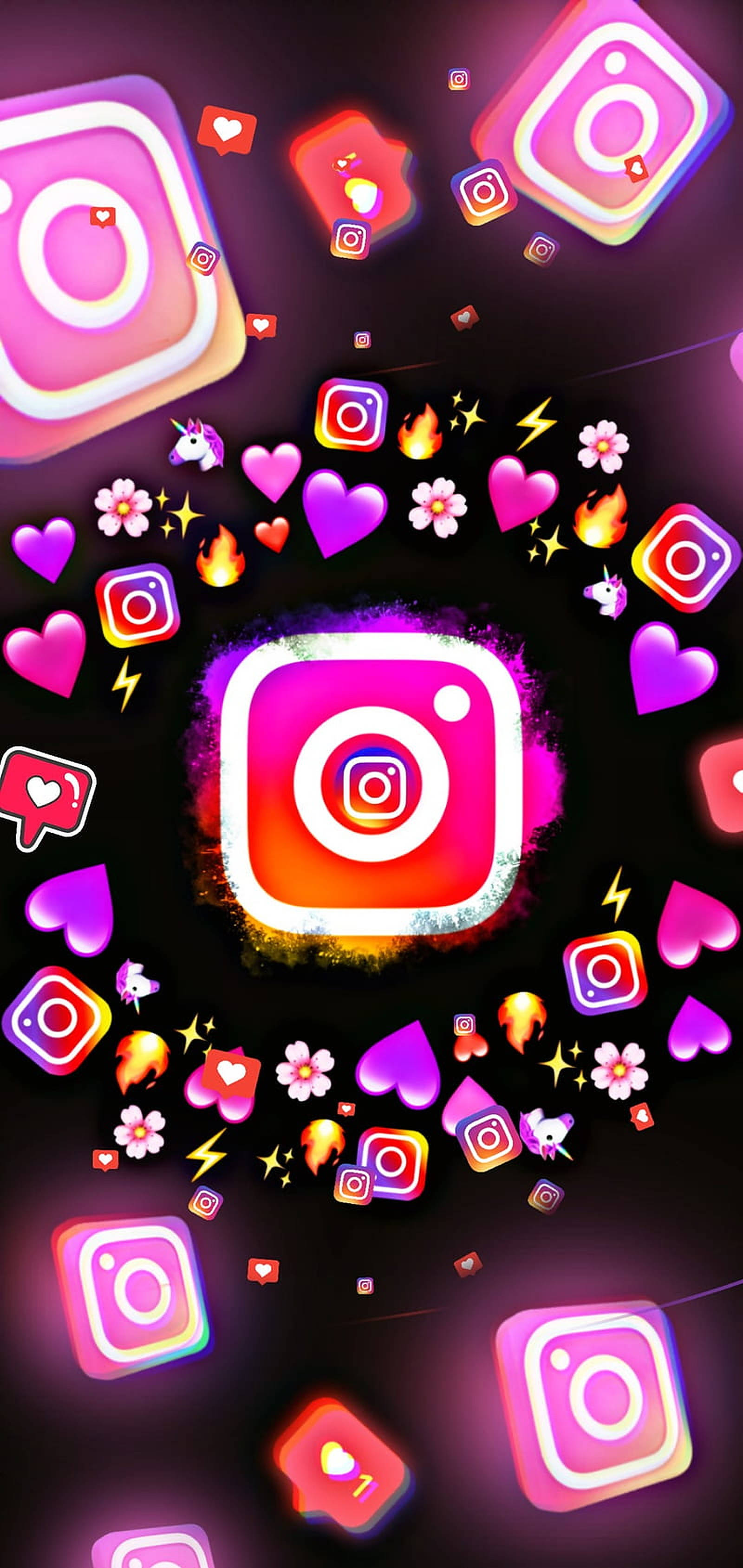 Instagram, glowing, hearts, 2K Phone Wallpaper