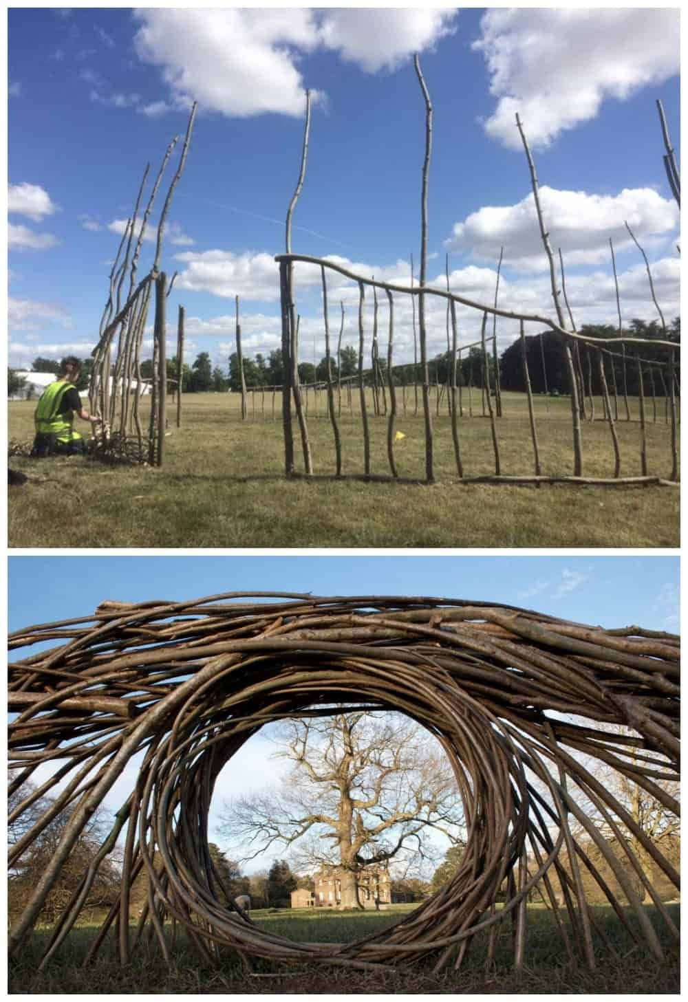 Installation Art, twig sculpture, grassy field, HD Phone Wallpaper