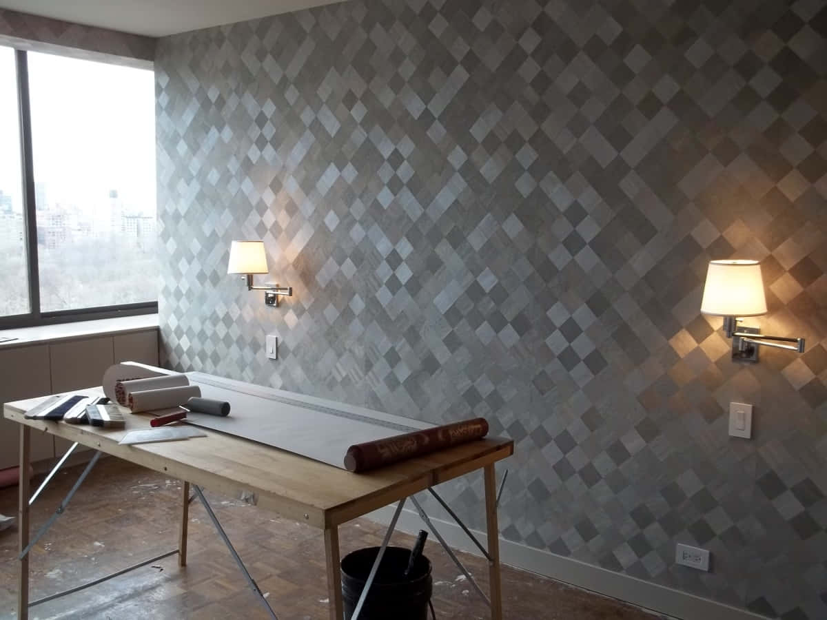 Installation Art, geometric diamond-patterned wallpaper, muted grays and silvers, SD Desktop Wallpaper