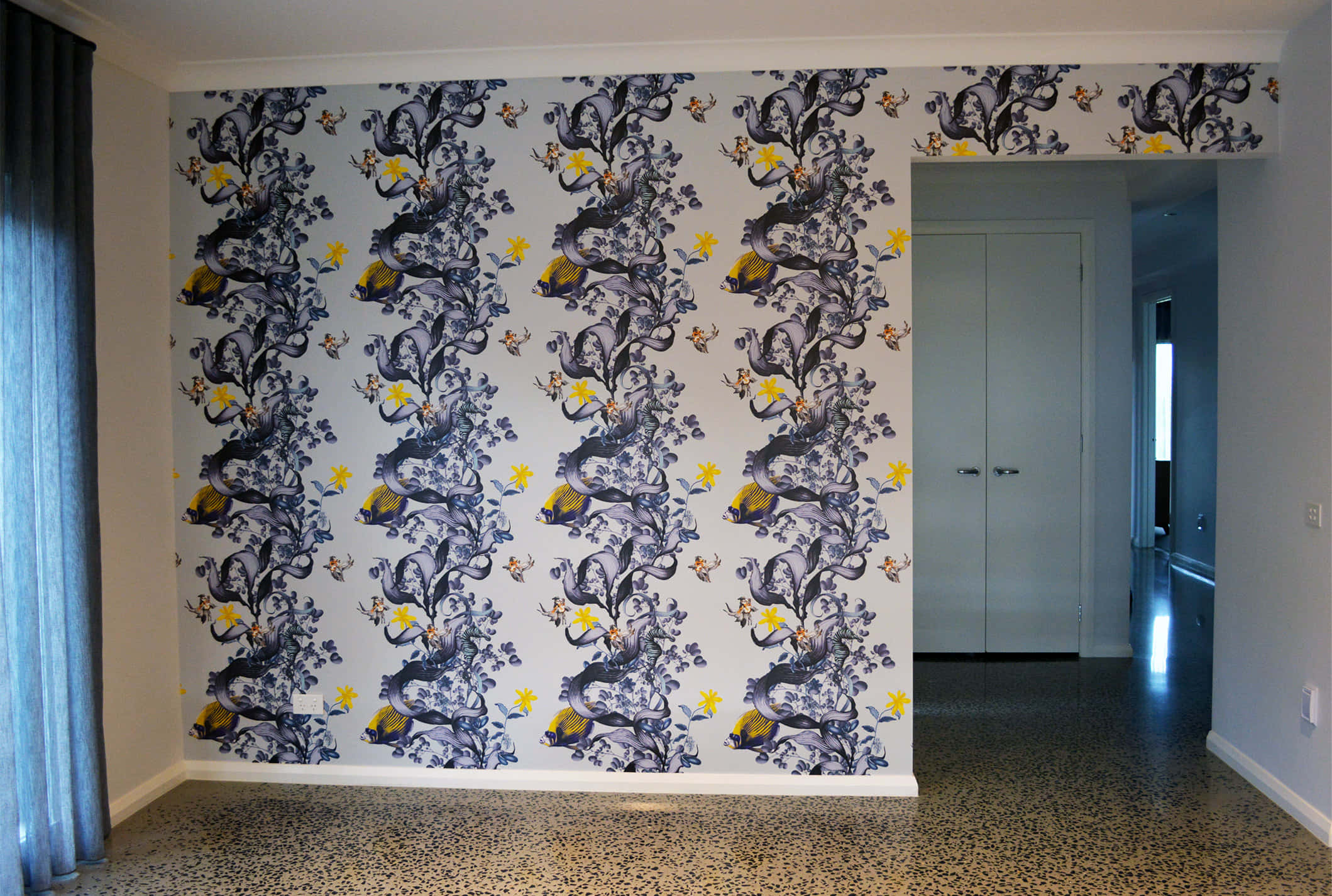 installation art, dark blue floral vines, yellow flowers, Full HD Desktop Wallpaper