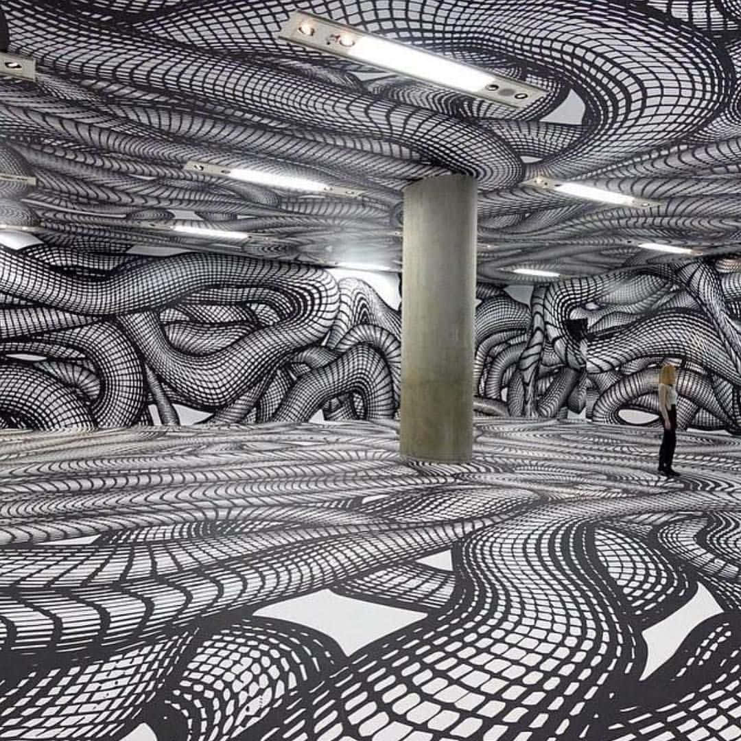 Installation Art, black and white optical illusion patterns, fluorescent lights, SD Desktop Wallpaper