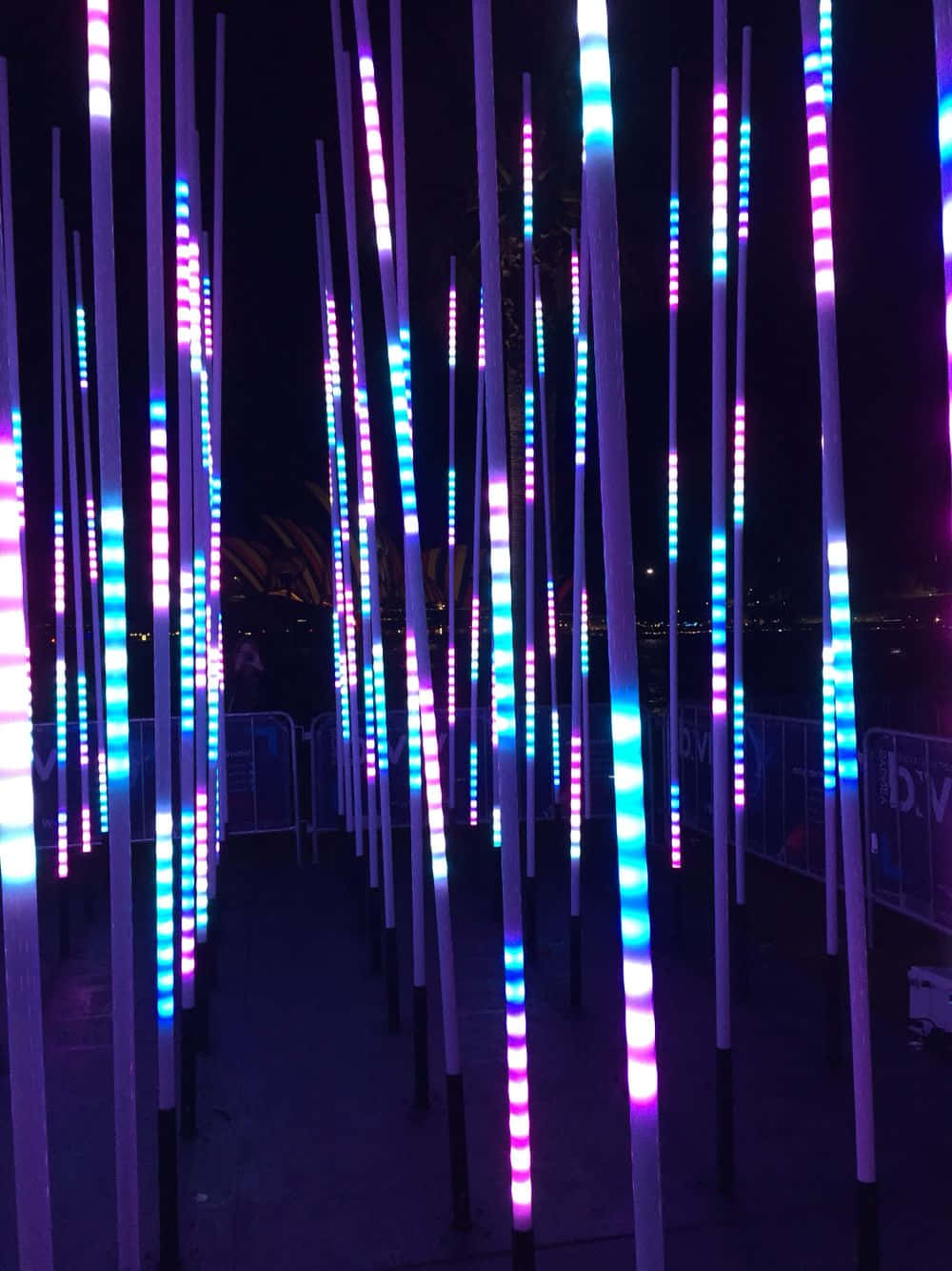 Installation Art, LED light poles, vibrant purple, HD Phone Wallpaper