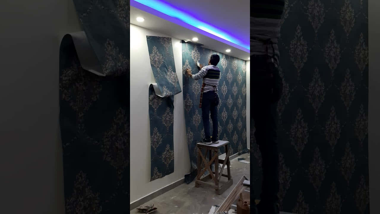 dark blue damask wallpaper, wooden stool, glowing blue LED lights, HD Desktop Wallpaper