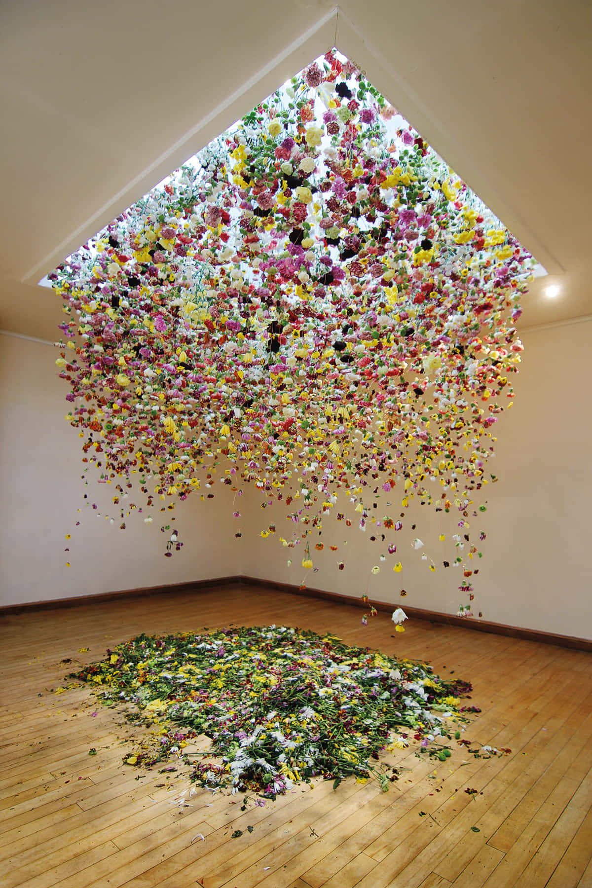 installation art, colorful artificial flowers, skylight, HD Phone Wallpaper