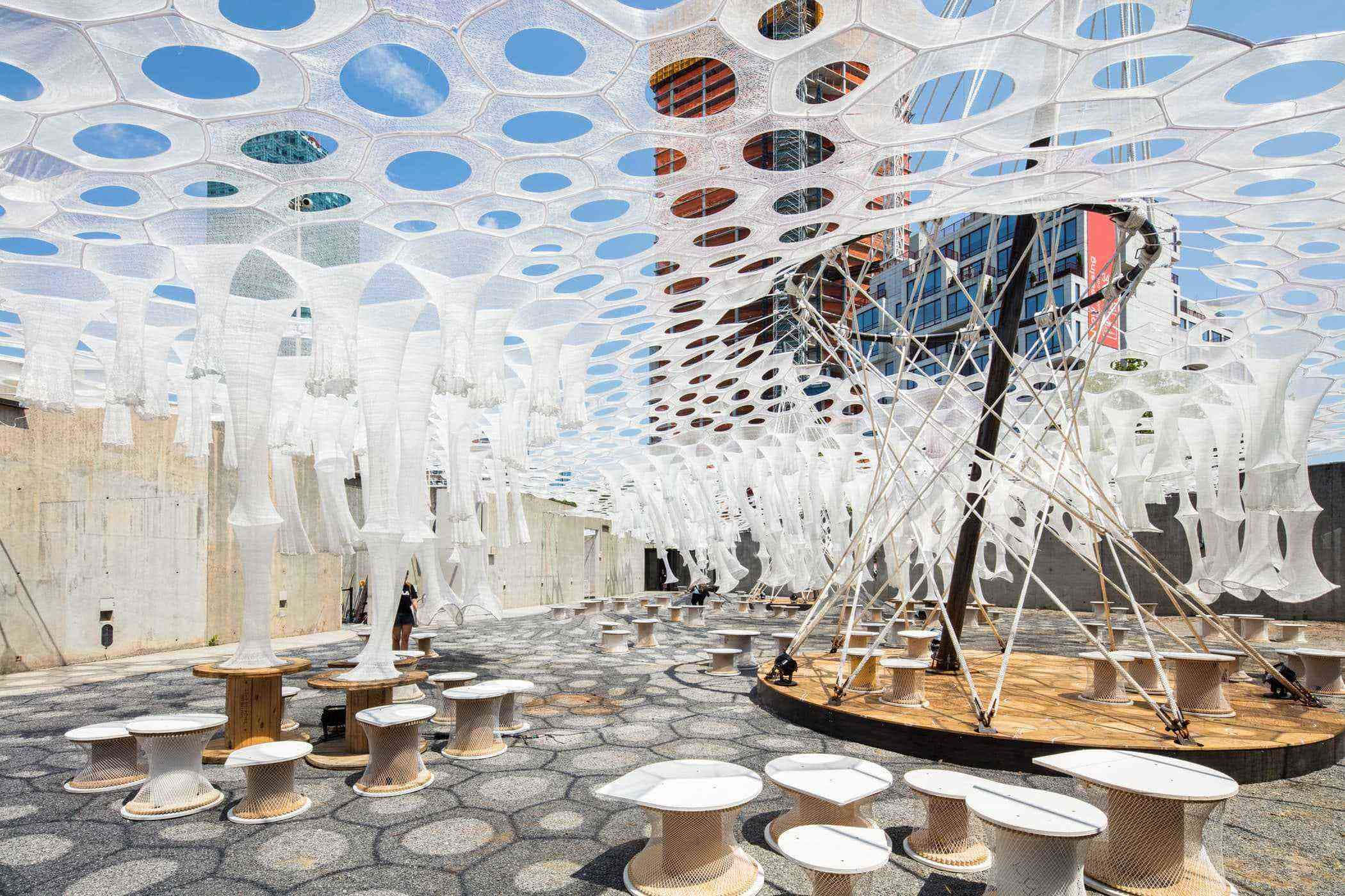 installation art, white honeycomb canopy, modern woven chairs, Full HD Desktop Wallpaper