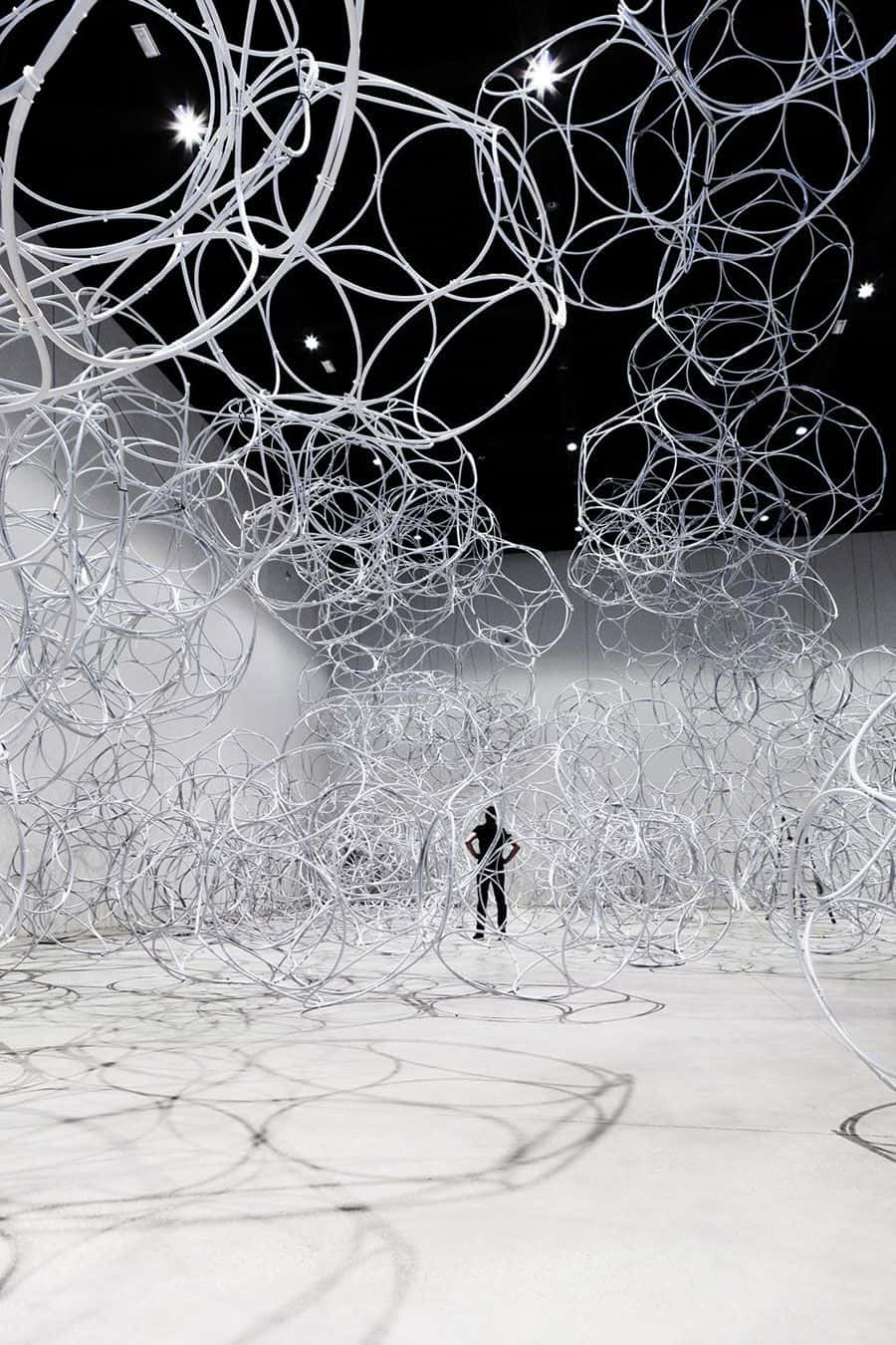 installation art, glowing white tangled loops, stark white gallery space, HD Phone Wallpaper