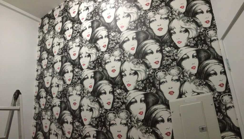 installation art, black and white wallpaper pattern, stylized women's faces, SD Desktop Wallpaper