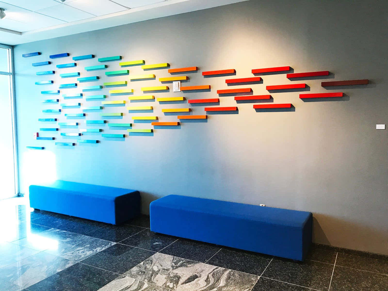 Installation Art, rainbow-colored floating shelf art, blue benches, HD Desktop Wallpaper