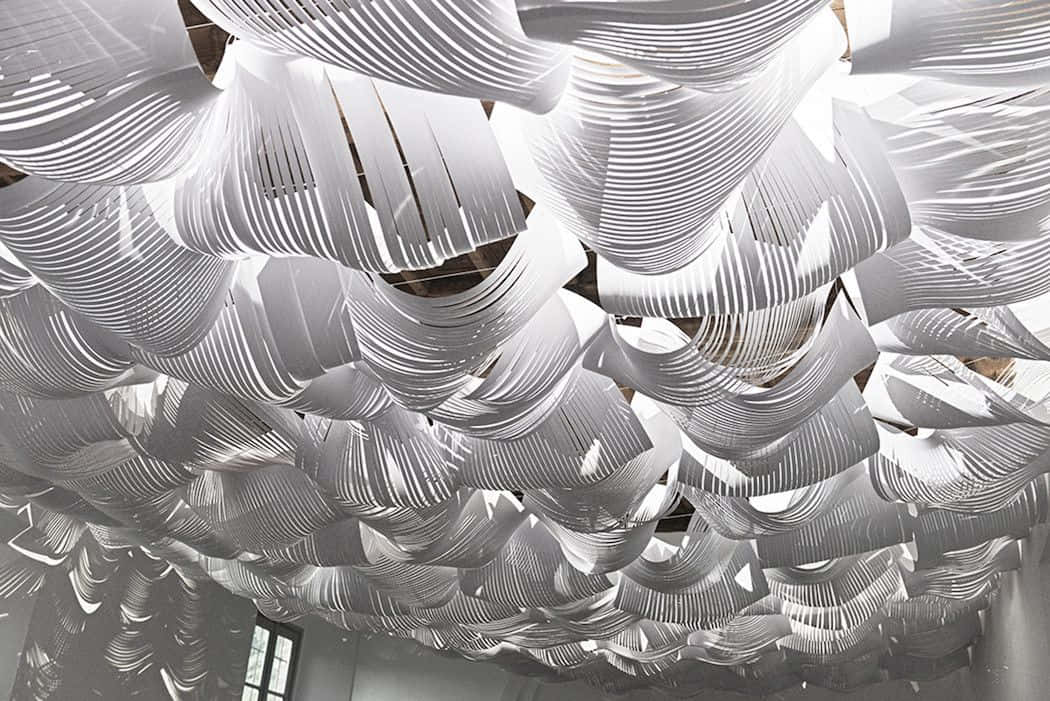 installation art, white pleated paper strips, ceiling installation, SD Desktop Wallpaper