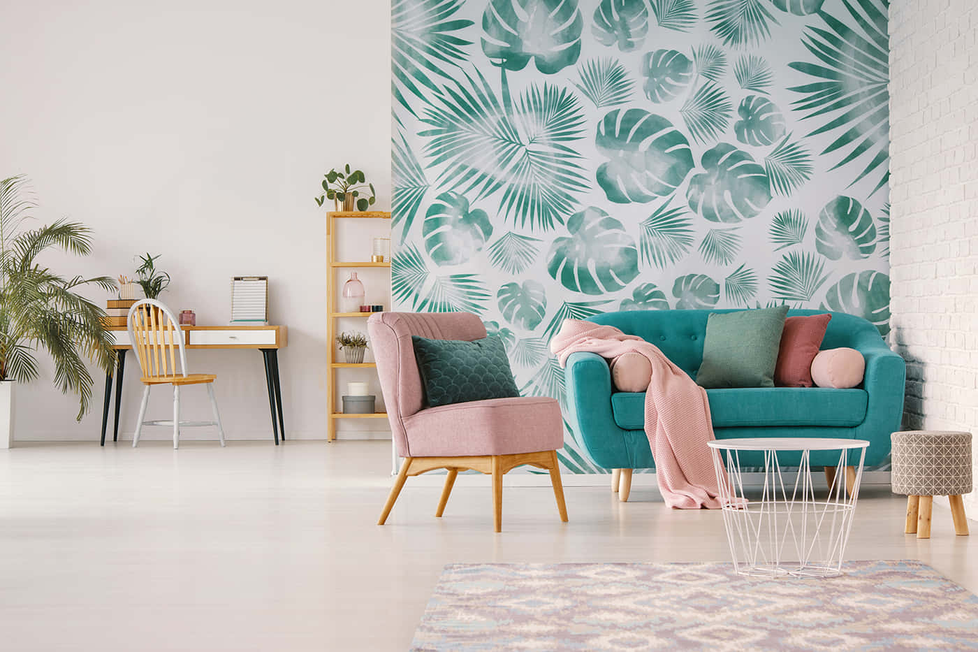 teal sofa, pink armchair, tropical leaf wallpaper, HD Desktop Wallpaper