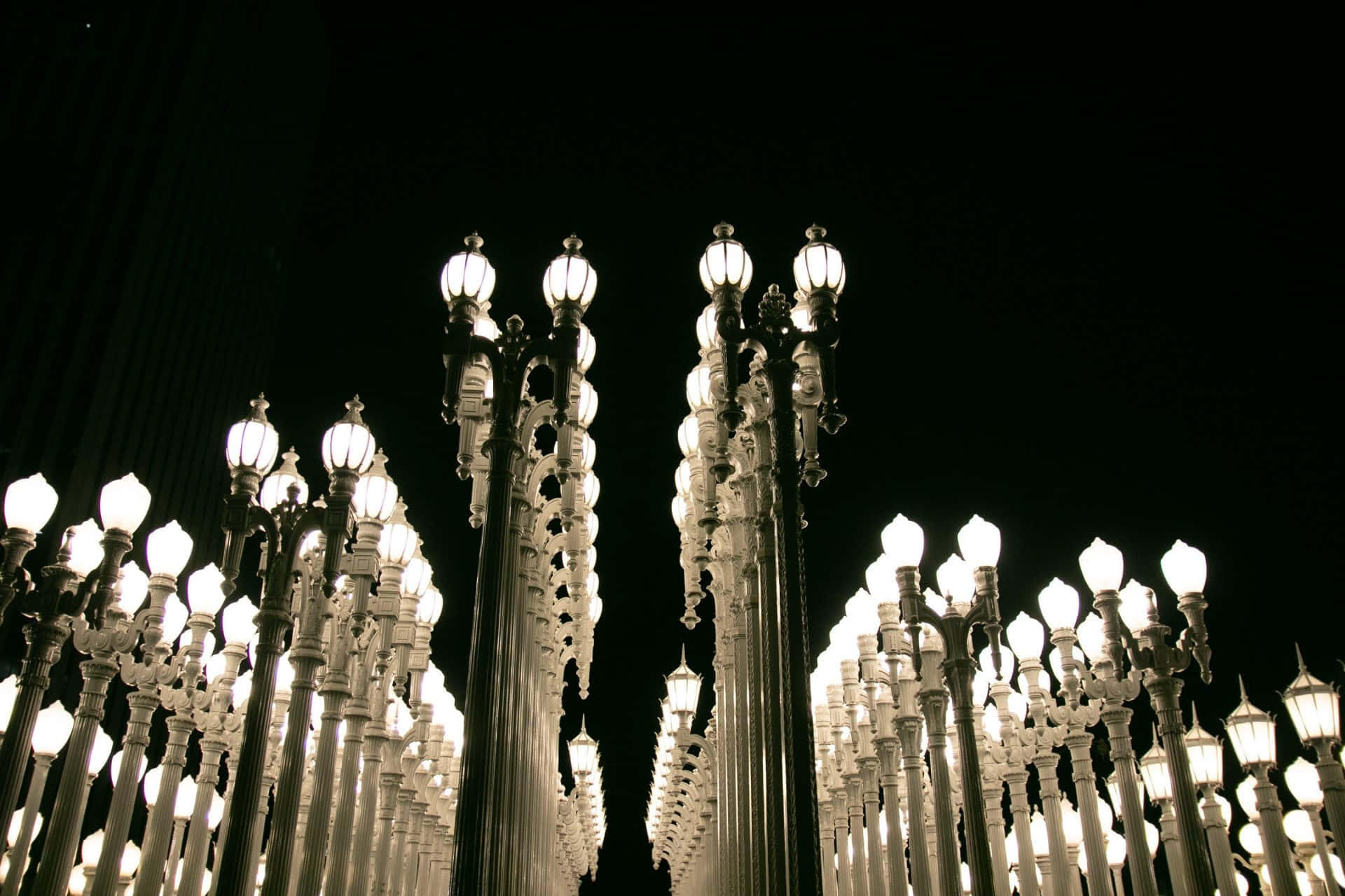 Installation Art, glowing vintage street lamps, deep black night sky, Full HD Desktop Wallpaper