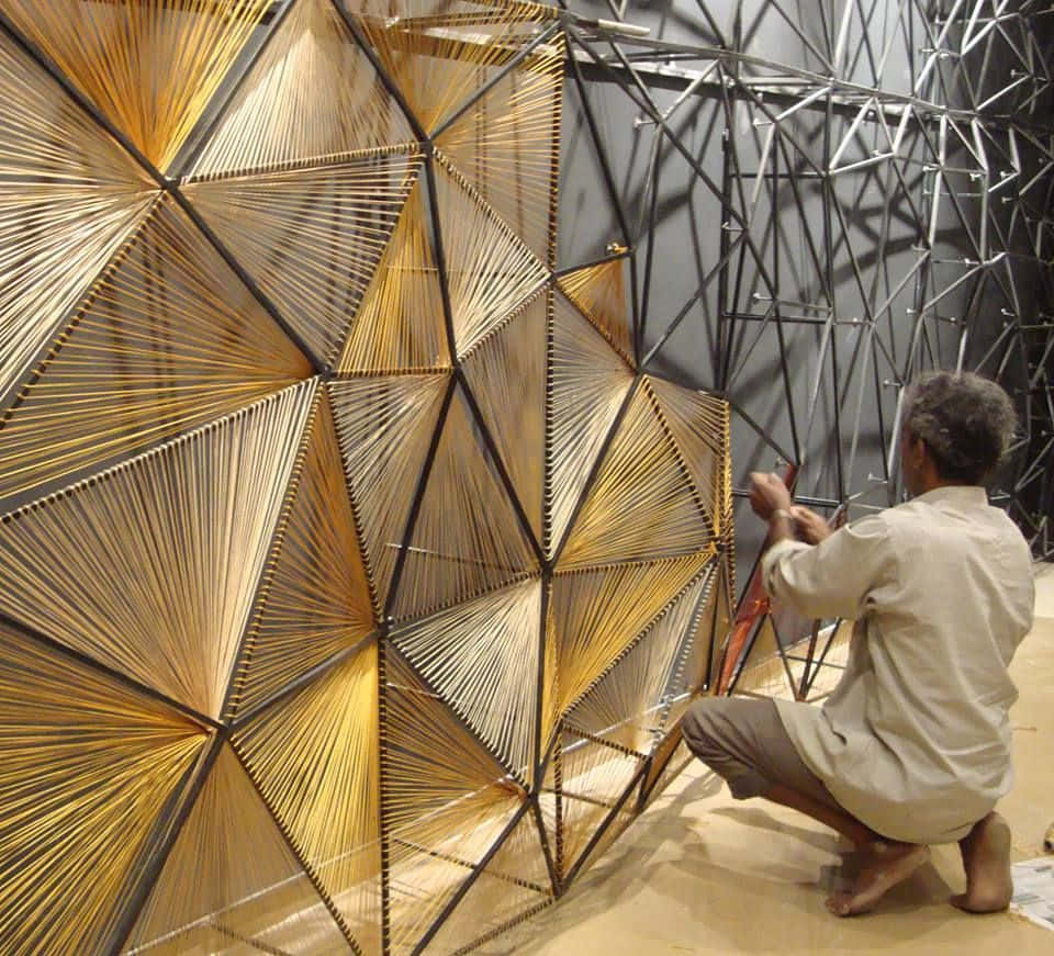 golden bamboo strips, black metal frames, geometric wall art piece, SD Desktop Wallpaper