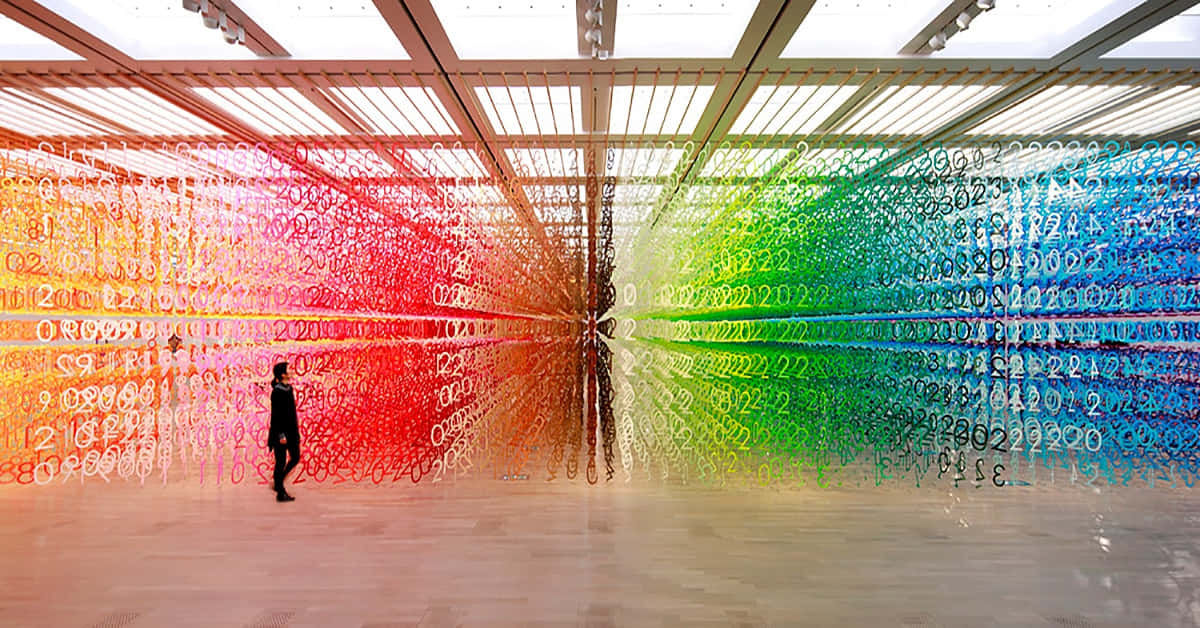 Installation Art, rainbow-colored number strings, grid ceiling, SD Desktop Wallpaper