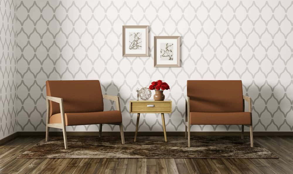 mid-century chairs, wooden side table, red flowers, SD Desktop Wallpaper