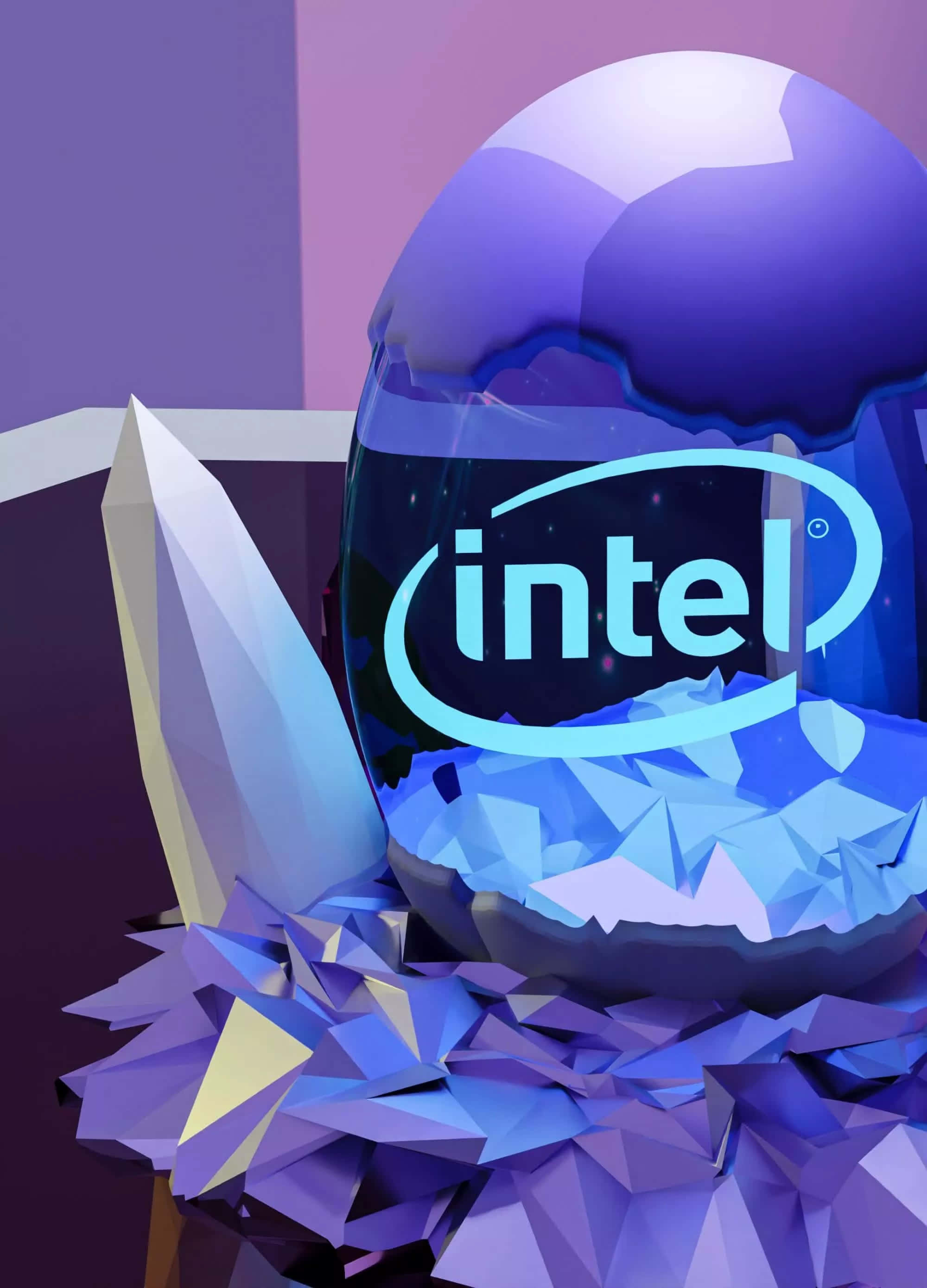 Intel, crystalline blue sphere, geometric purple and blue shards, 2K Phone Wallpaper