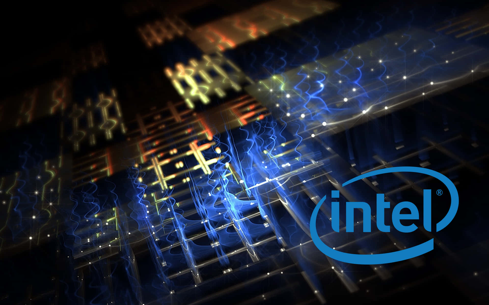 Intel logo, circuit board, glowing blue and orange energy streams, Full HD Desktop Wallpaper