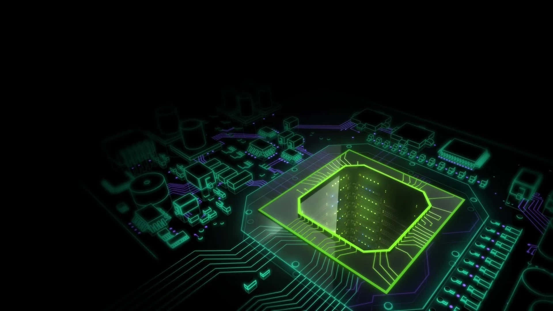 glowing green circuit board, central processor chip, black background, Full HD Desktop Wallpaper