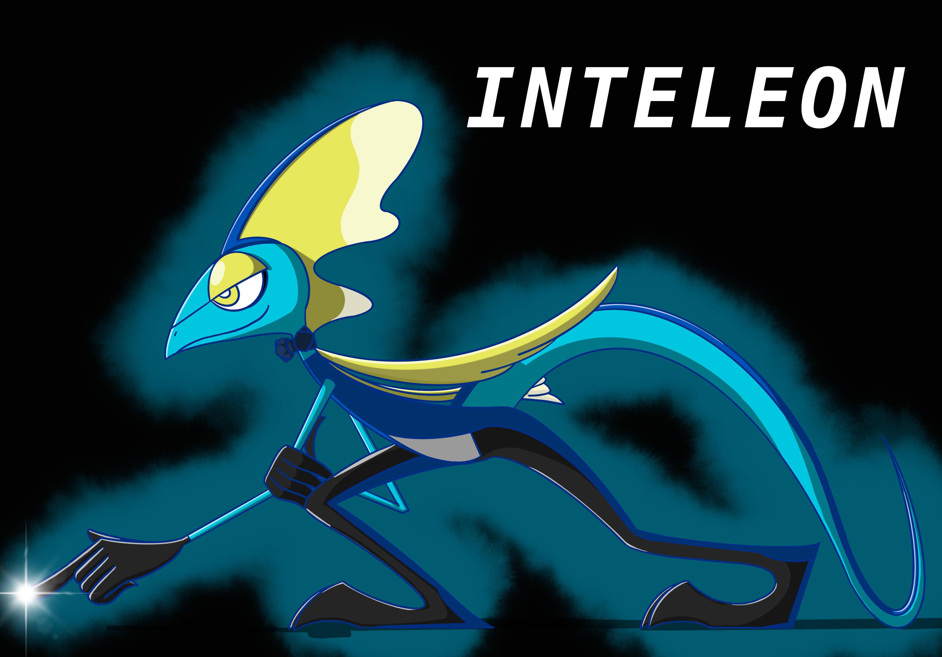 Inteleon, blue and yellow, glowing eyes, 2K Desktop Wallpaper