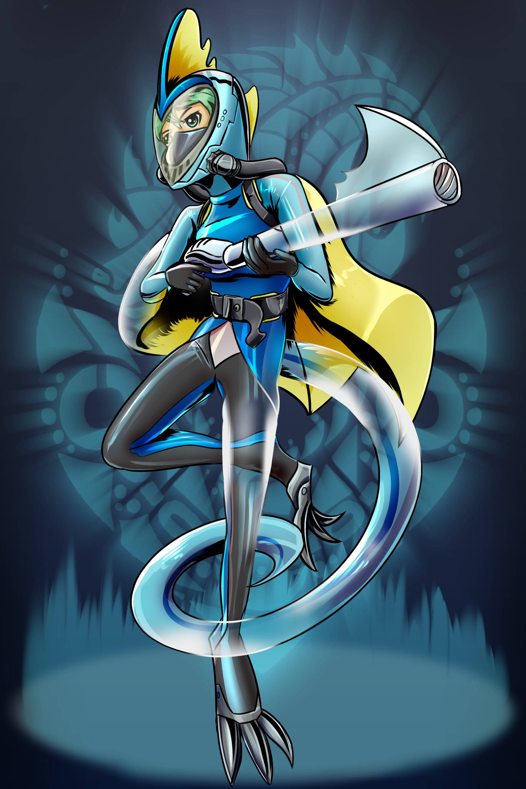 Inteleon, blue and yellow armored dragon-like warrior, glowing axe, 2K Phone Wallpaper
