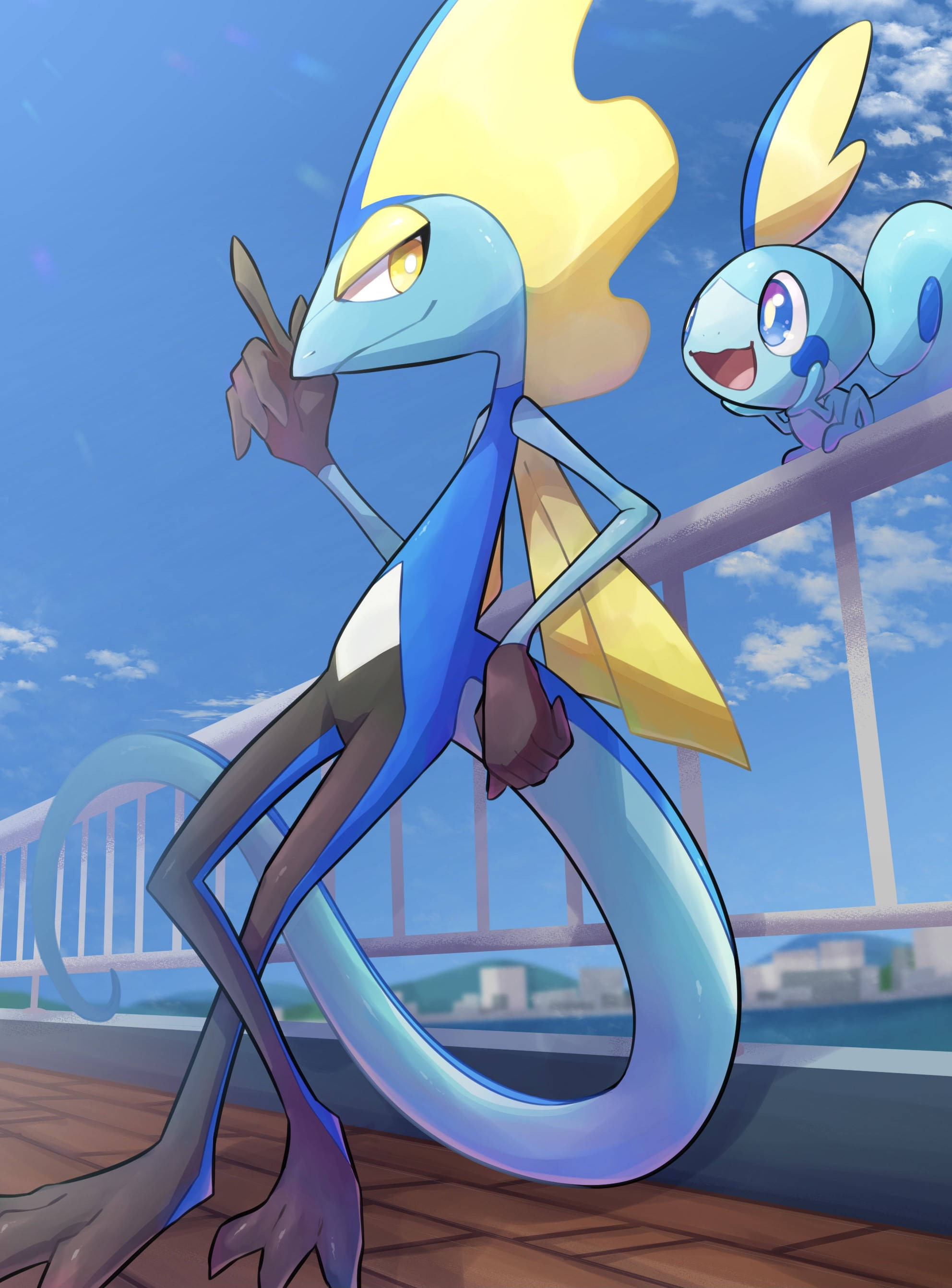 Inteleon, blue and yellow, anime-style, 2K Phone Wallpaper