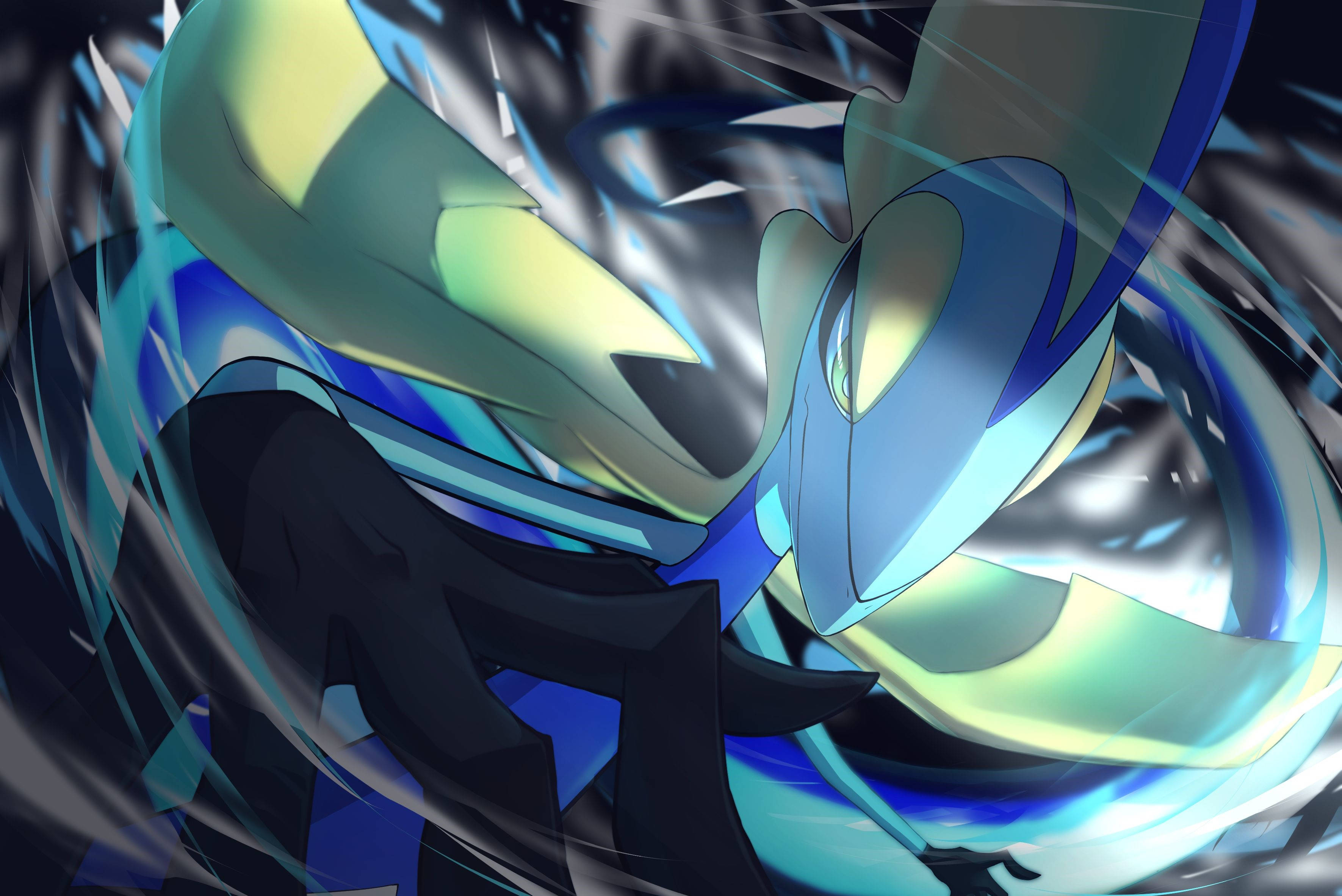 Inteleon, glowing blue and green armor, motion-blurred background, 2K Desktop Wallpaper