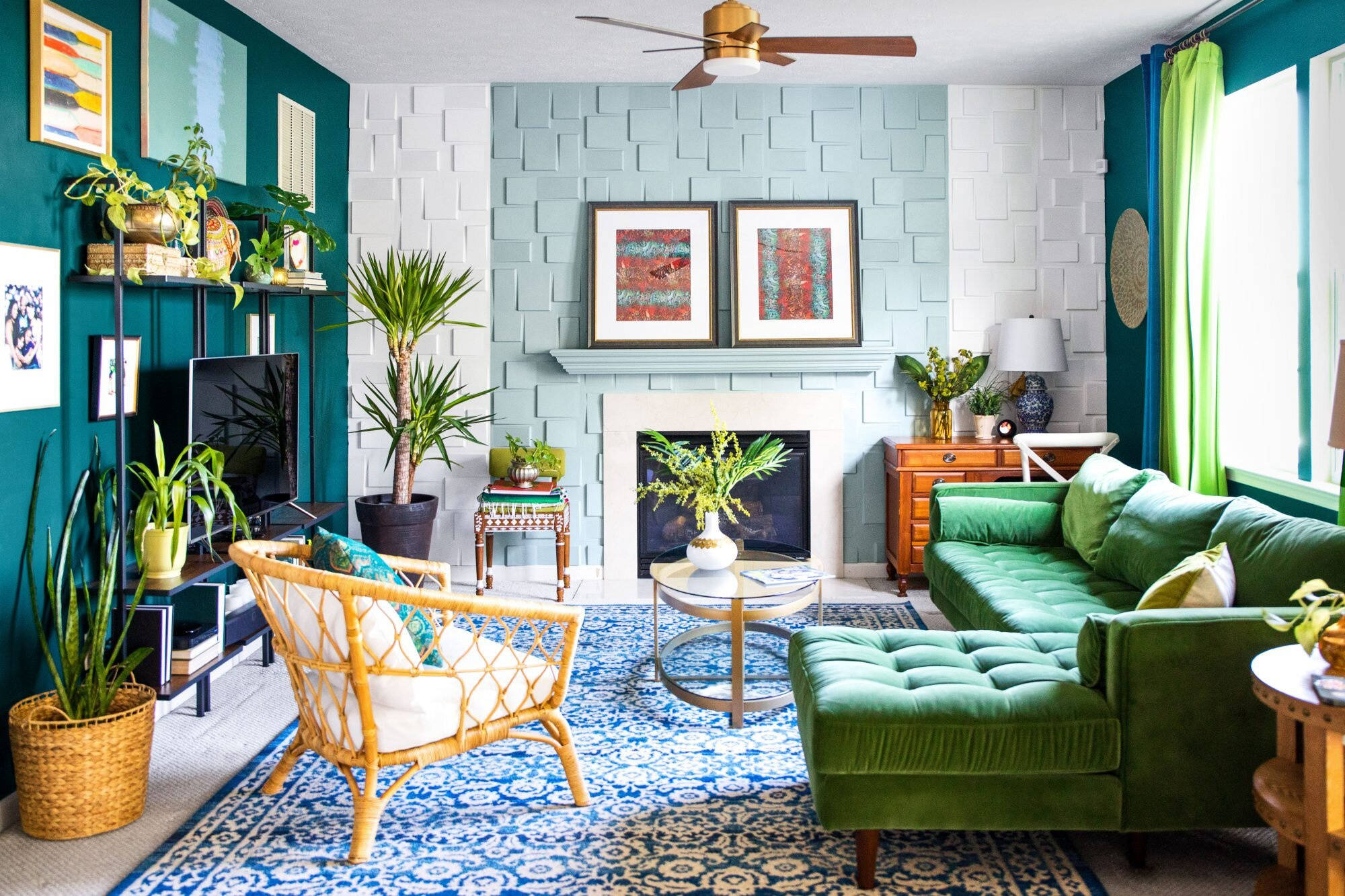 3D feature wall, vibrant teal, green, Full HD Desktop Wallpaper